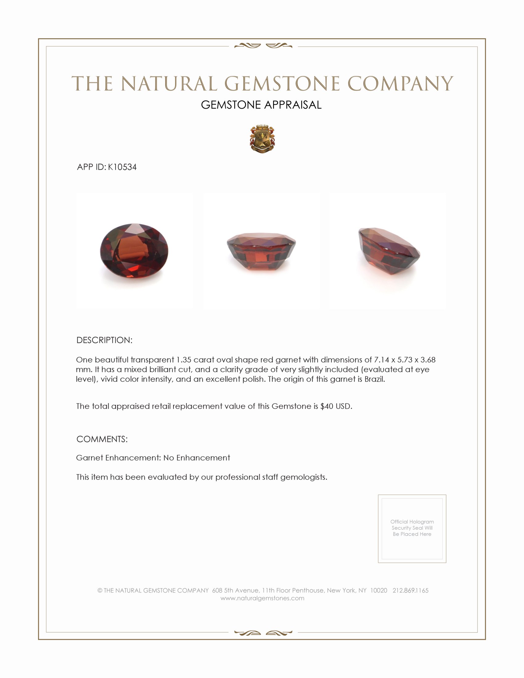 1.35 Ct. Garnet from Brazil
