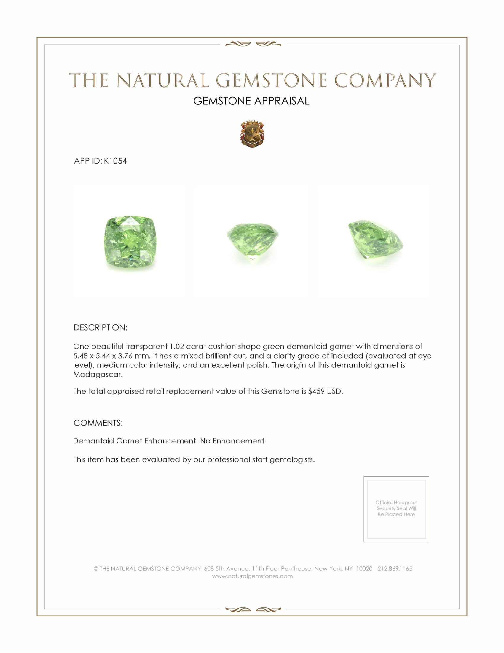 1.02 Ct. Demantoid Garnet from Madagascar
