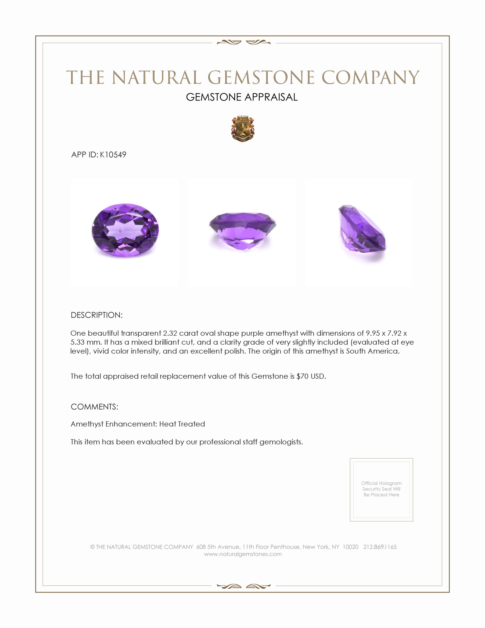 2.32 Ct. Amethyst from South America