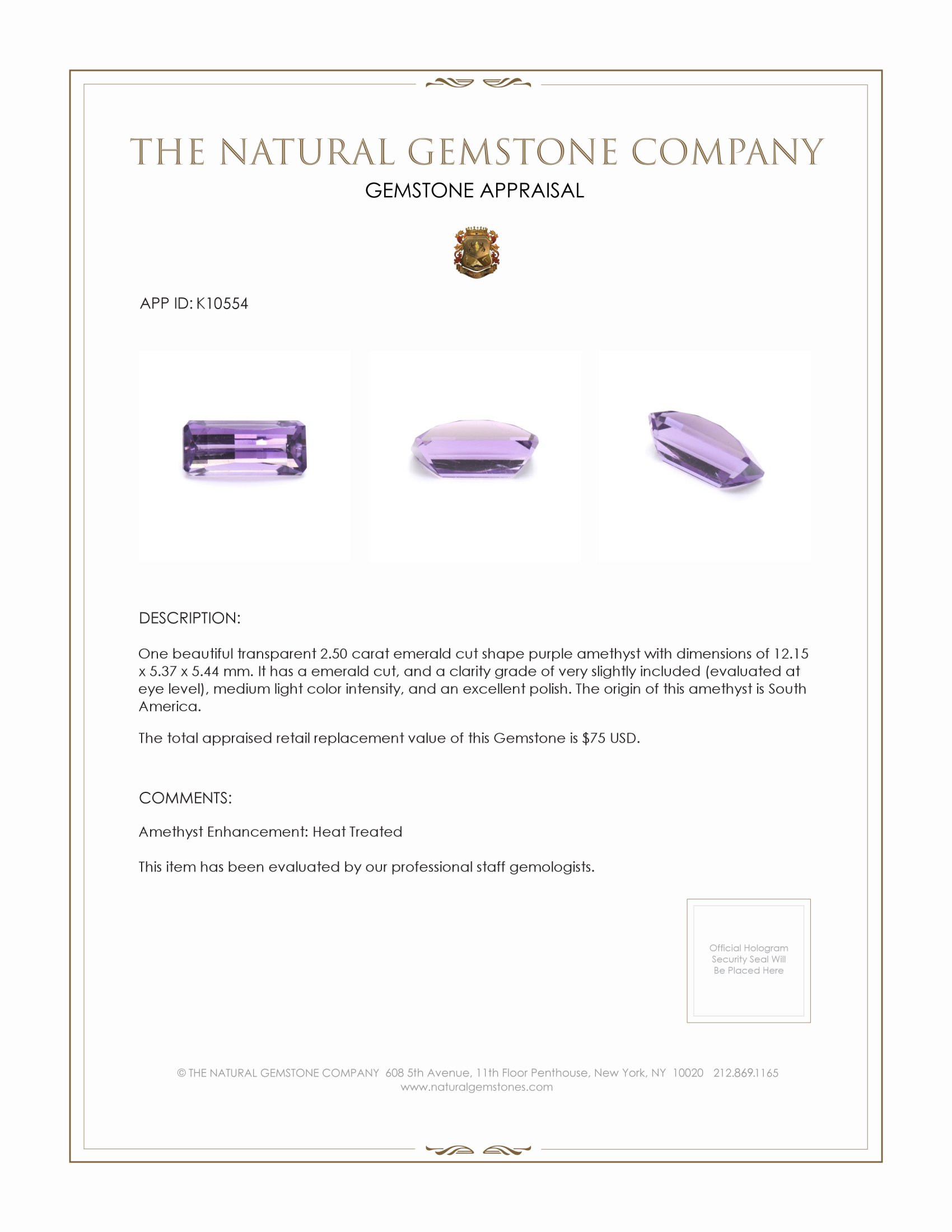 2.50 Ct. Amethyst from South America