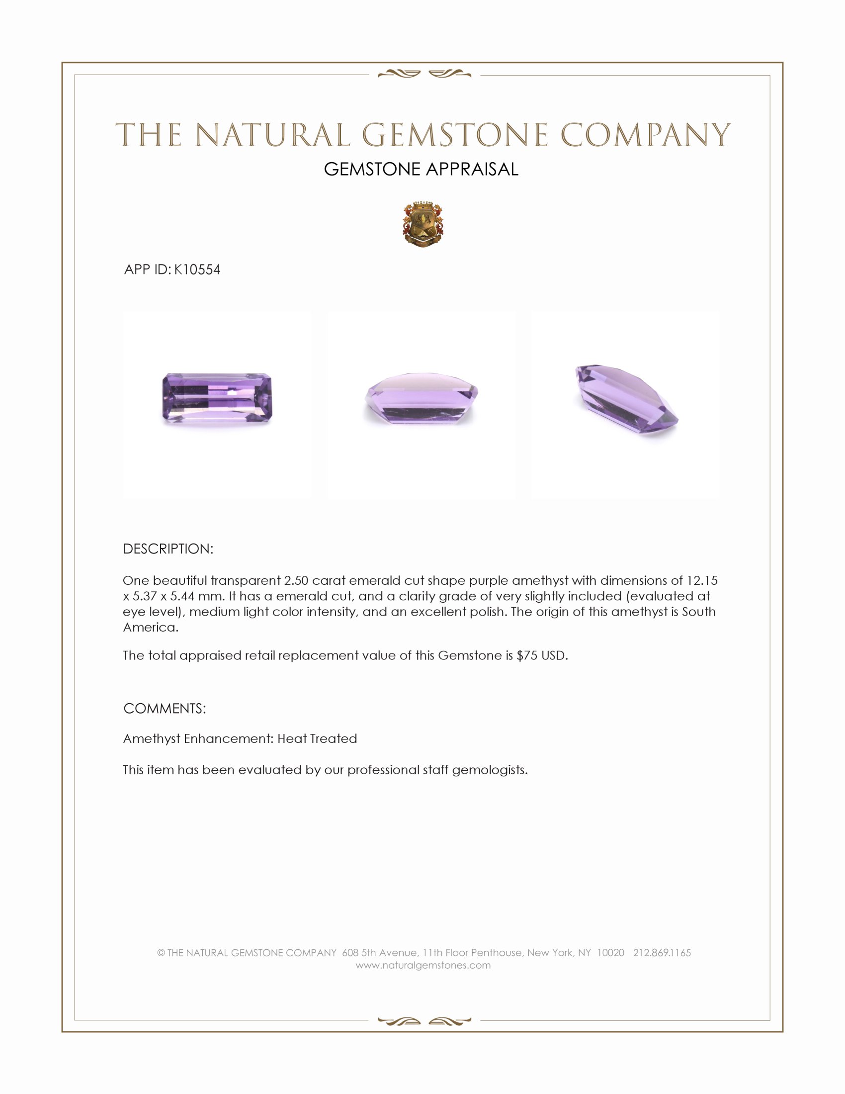 2.50 Ct. Amethyst from South America