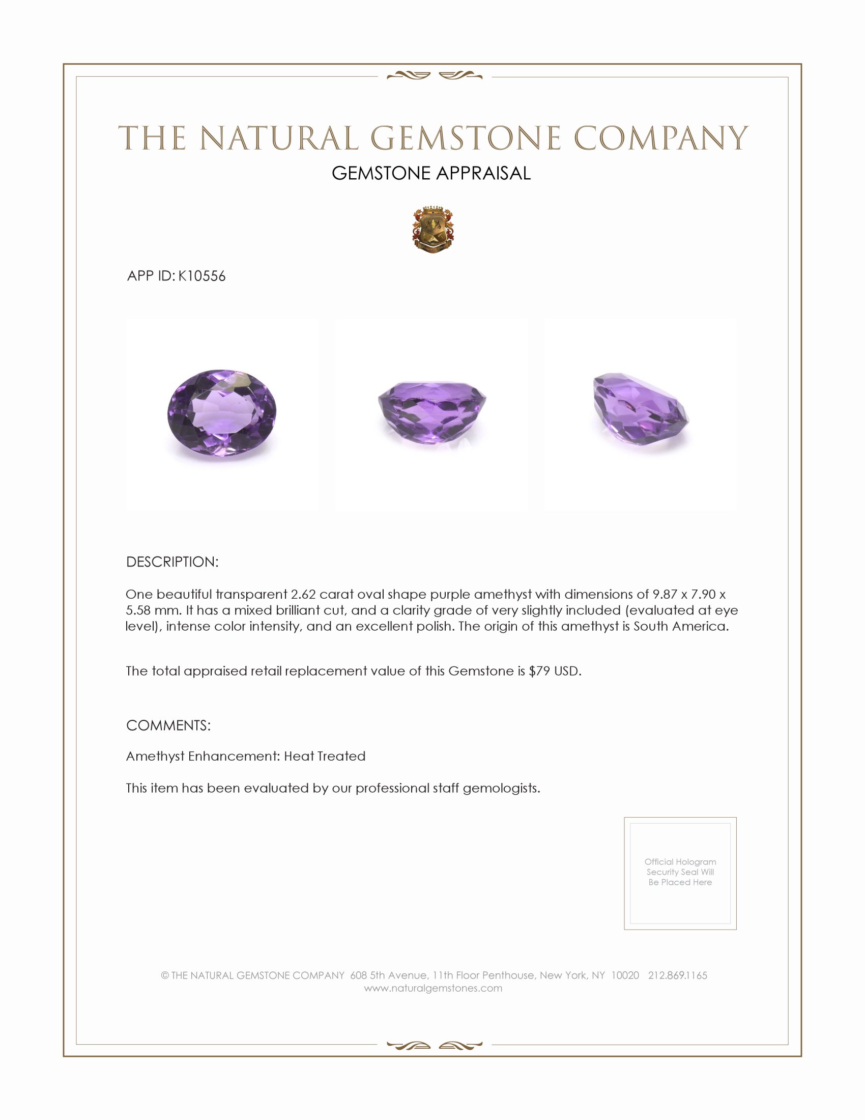 2.62 Ct. Amethyst from South America