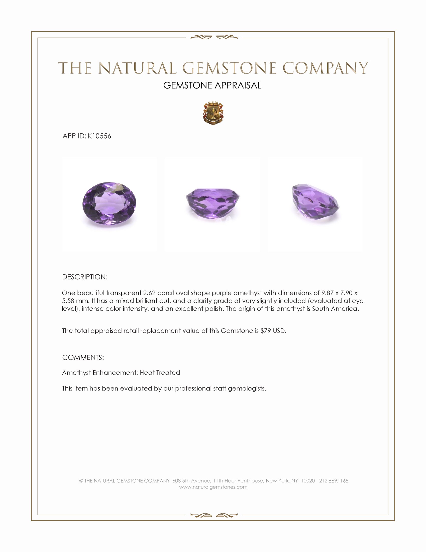2.62 Ct. Purple Amethyst from South America