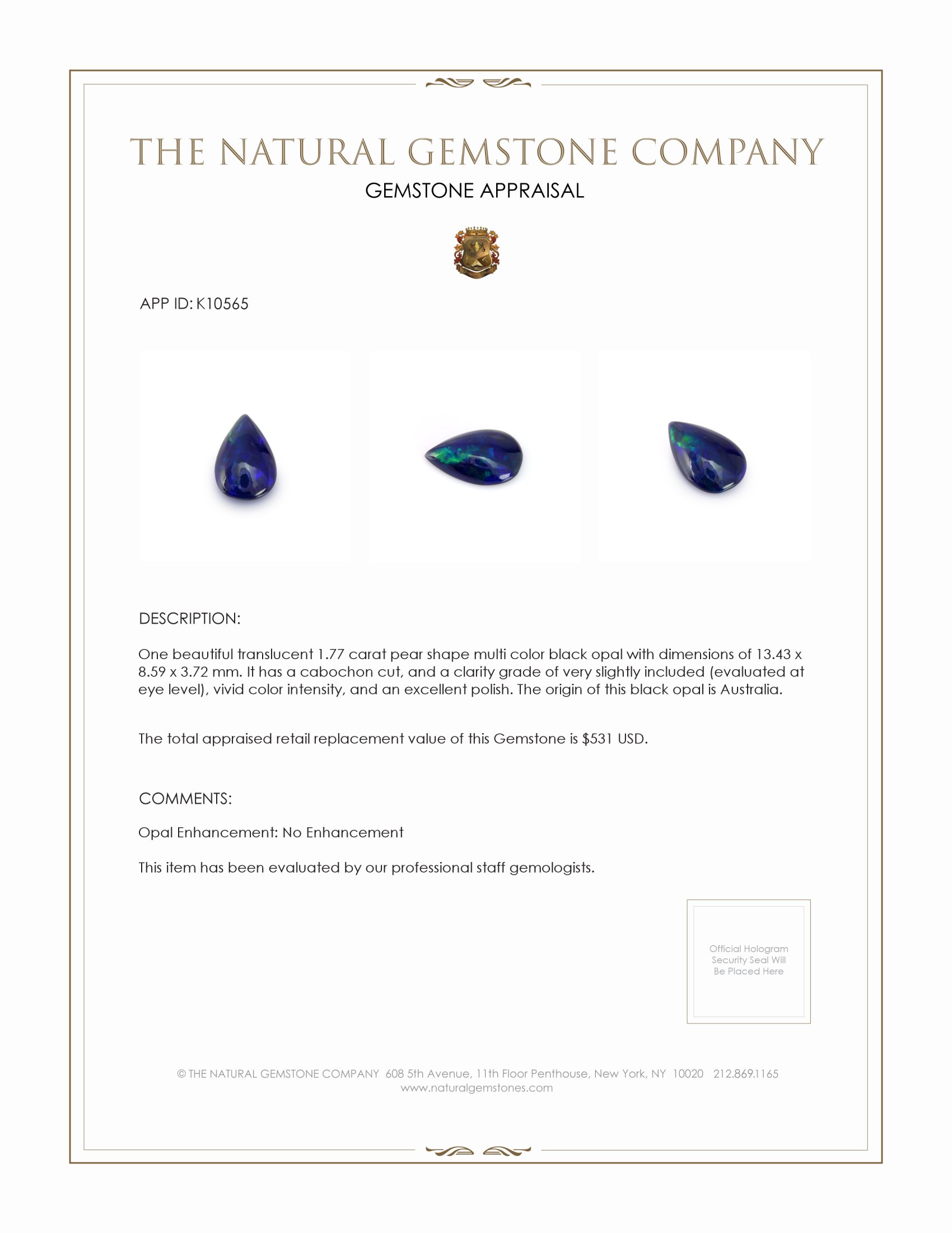 1.77 Ct. Cabochon Black Opal from Australia