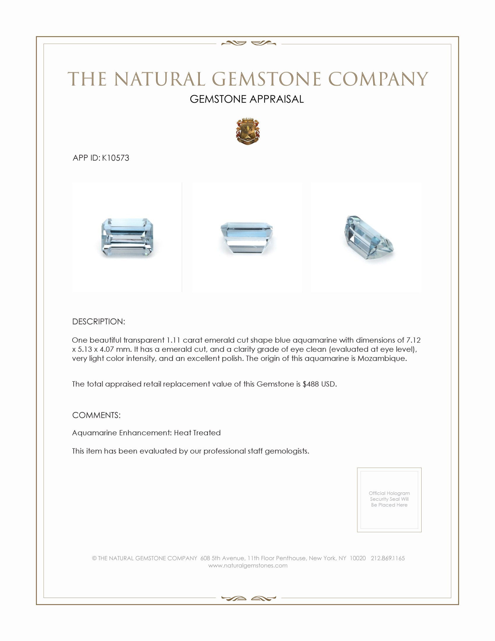 1.11 Ct. Aquamarine from Mozambique