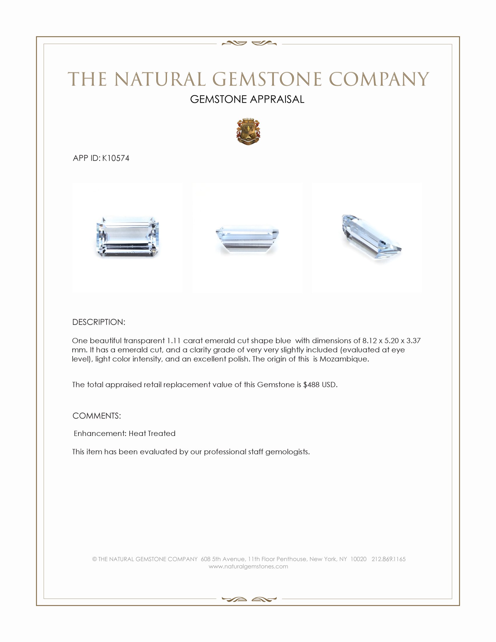 1.11 Ct. Blue Aquamarine from Mozambique