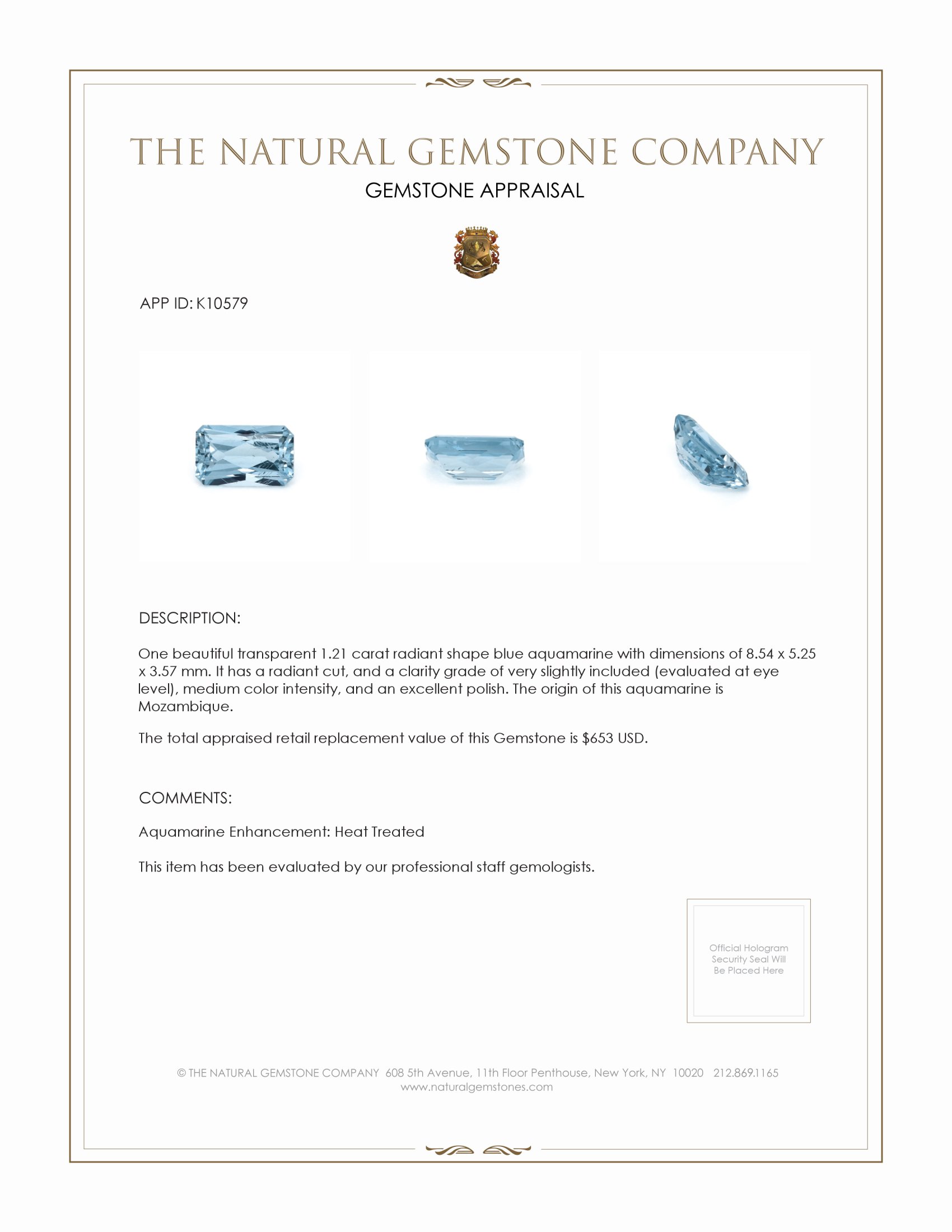 1.21 Ct. Aquamarine from Mozambique