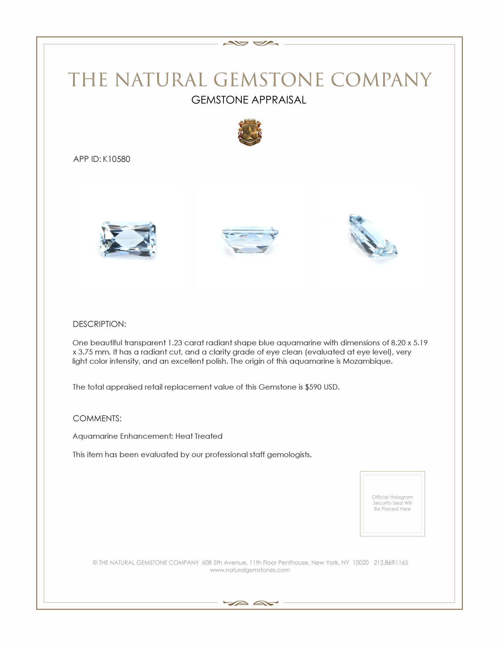 1.23 Ct. Aquamarine from Mozambique