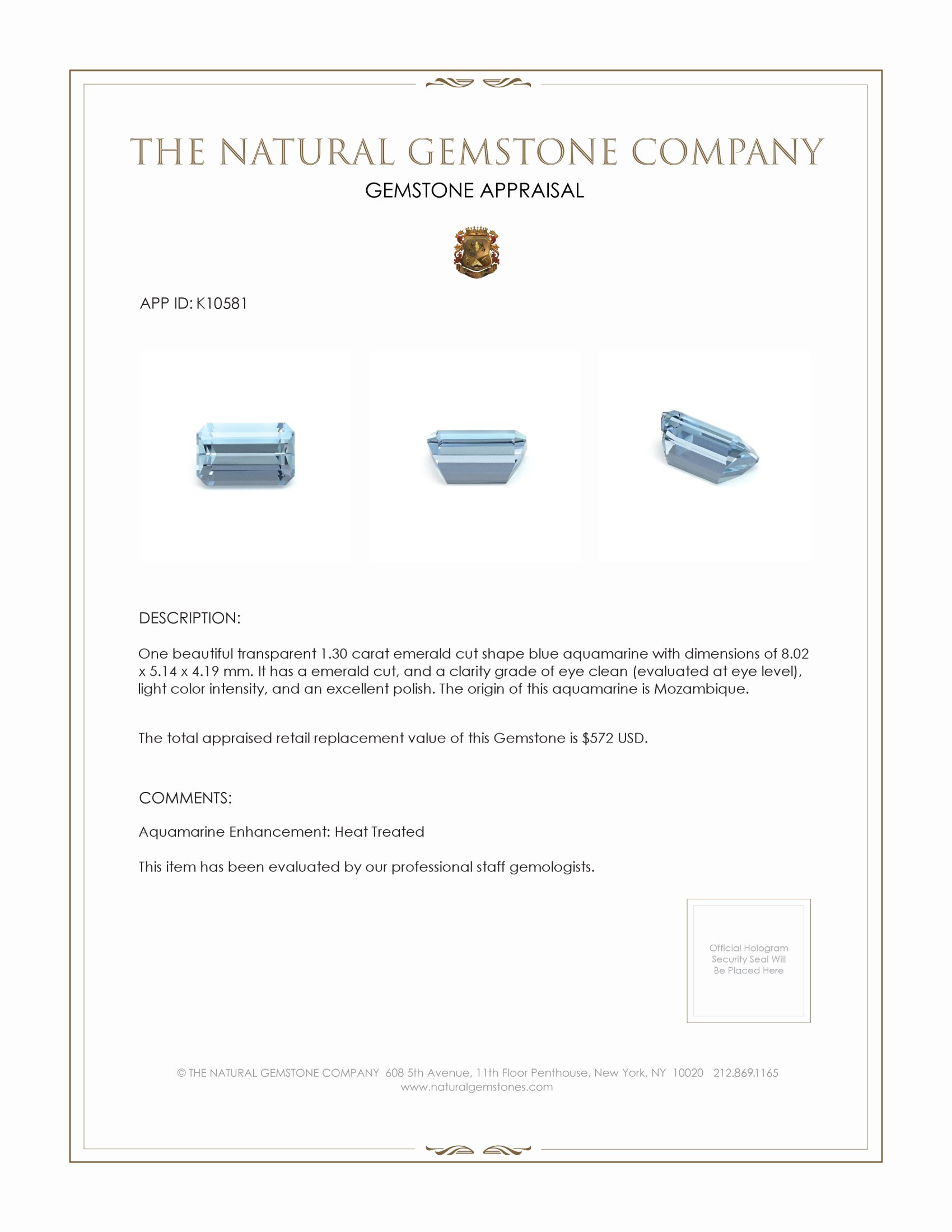 1.30 Ct. Aquamarine from Mozambique