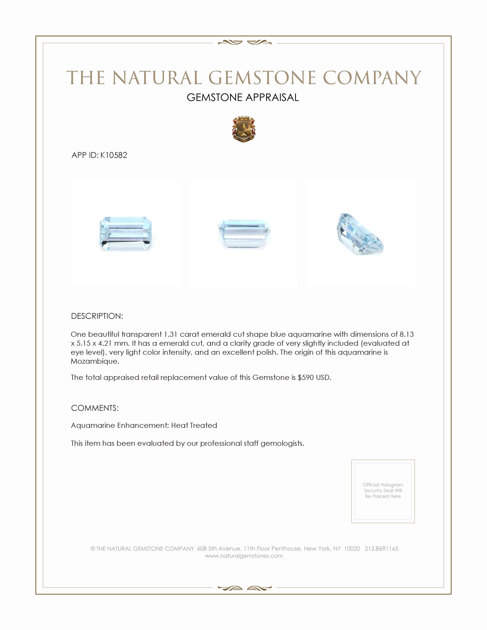 1.31 Ct. Blue Aquamarine from Mozambique