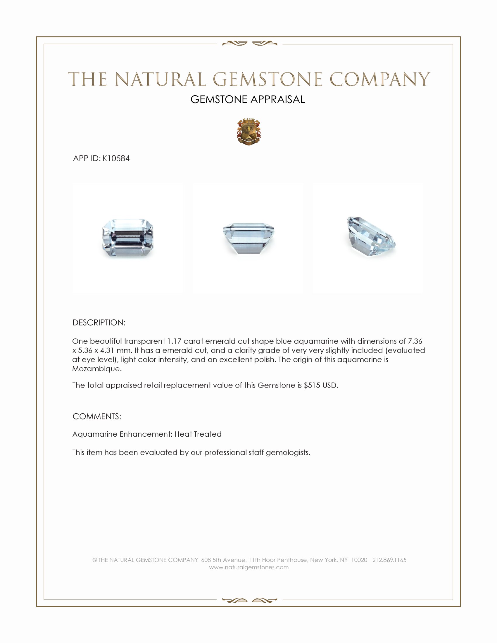 1.17 Ct. Blue Aquamarine from Mozambique