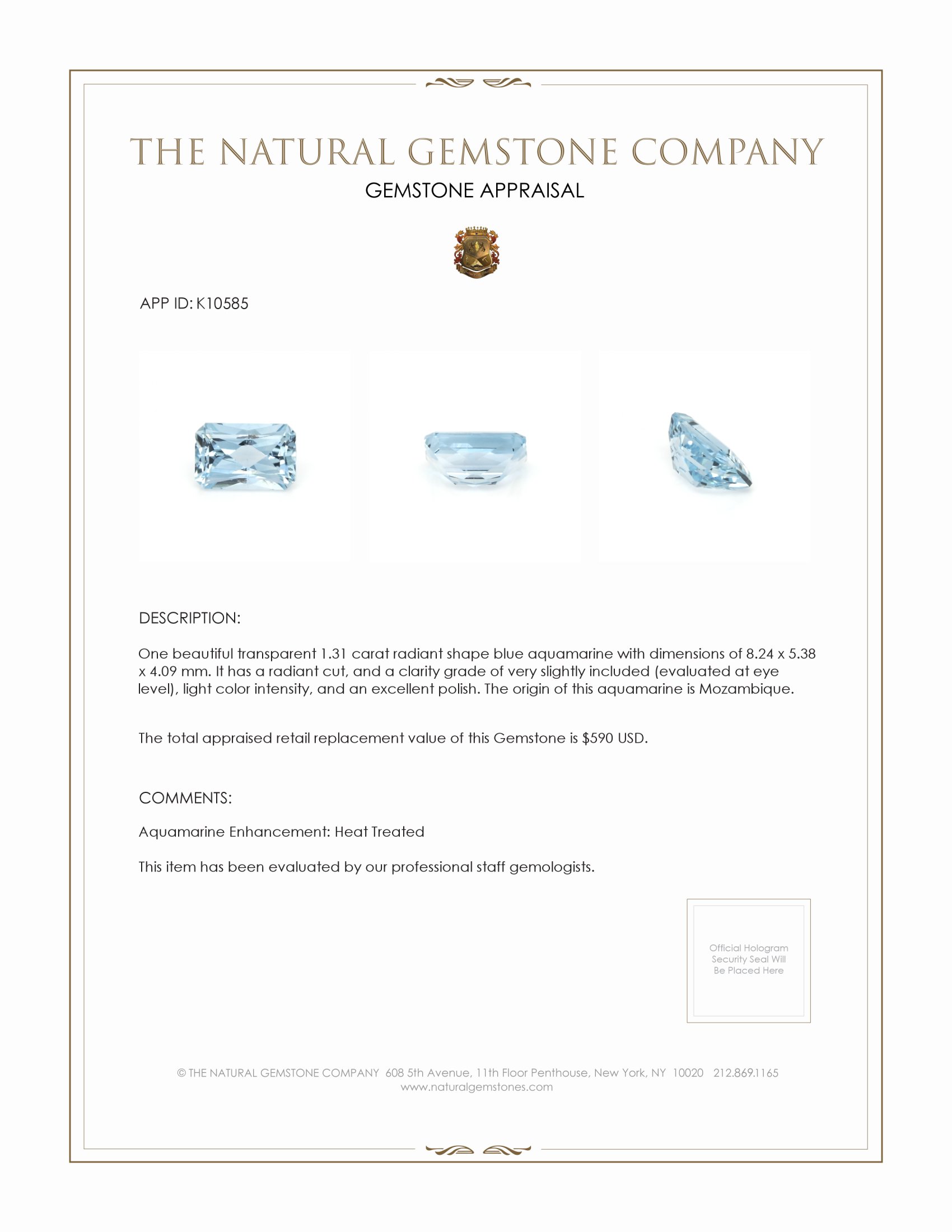 1.31 Ct. Aquamarine from Mozambique