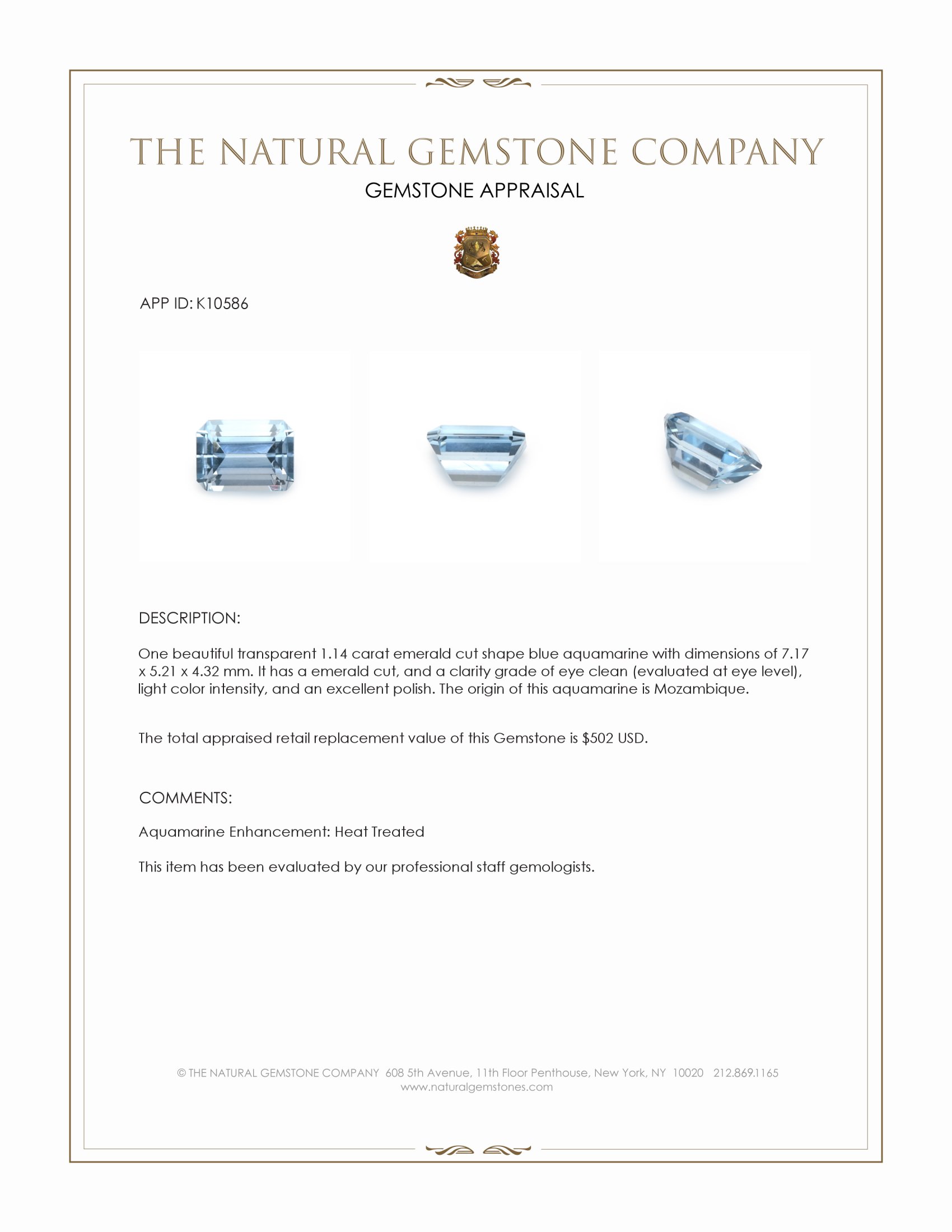 1.14 Ct. Blue Aquamarine from Mozambique