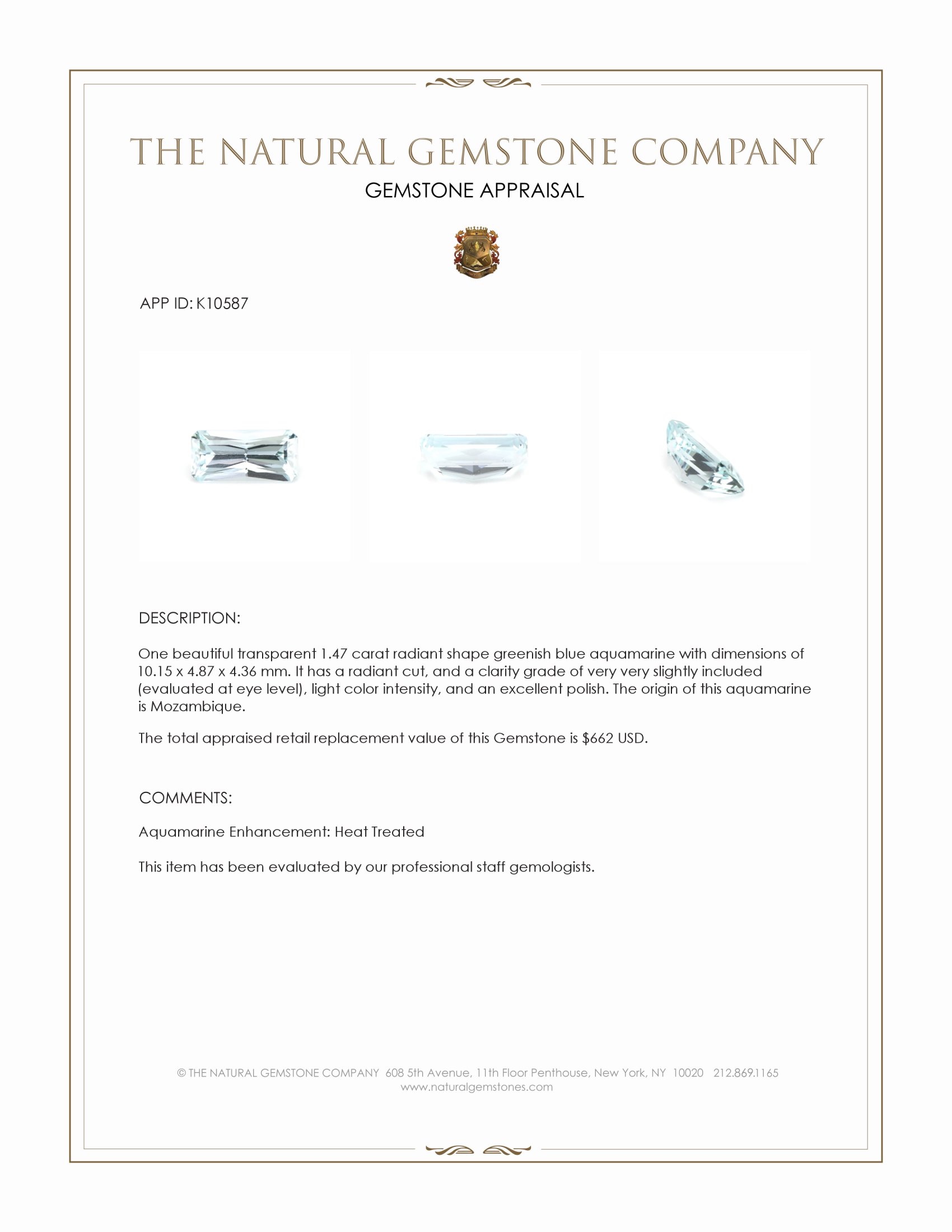 1.47 Ct. Greenish Blue Aquamarine from Mozambique