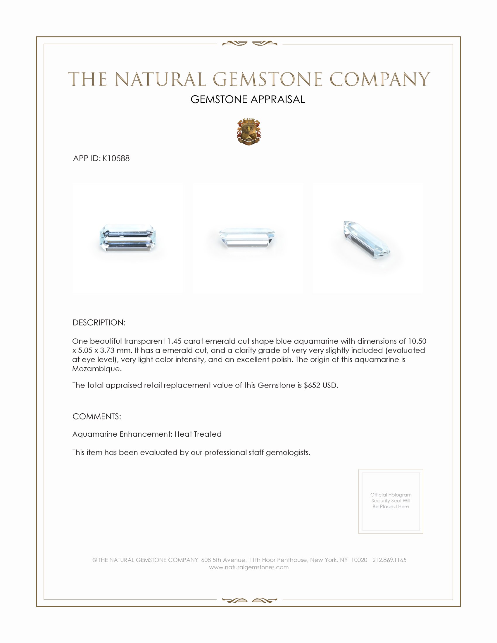 1.45 Ct. Aquamarine from Mozambique