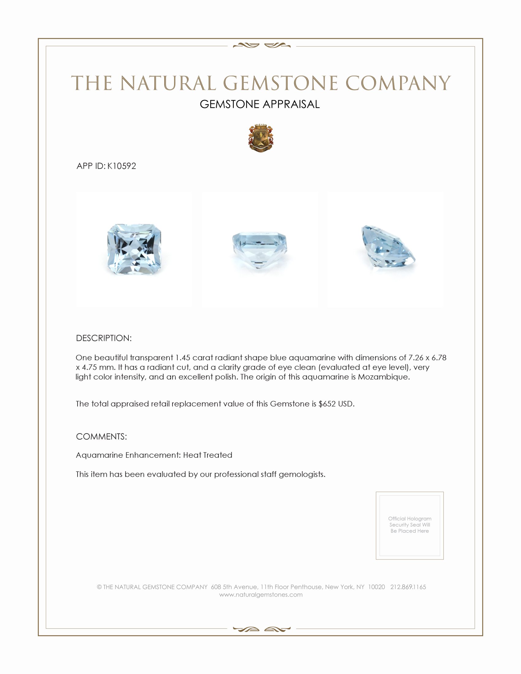 1.45 Ct. Aquamarine from Mozambique