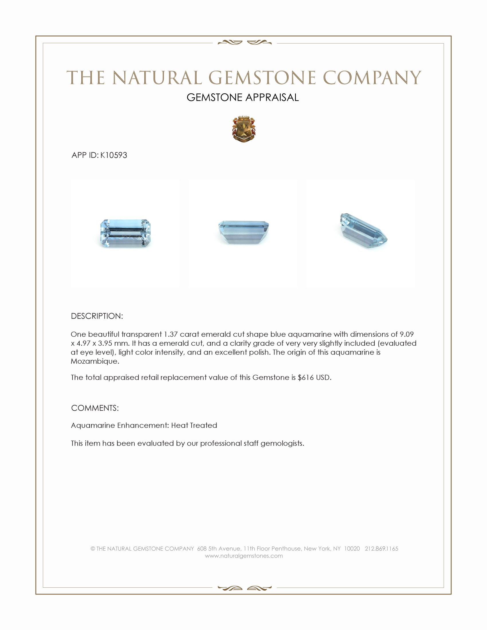 1.37 Ct. Blue Aquamarine from Mozambique