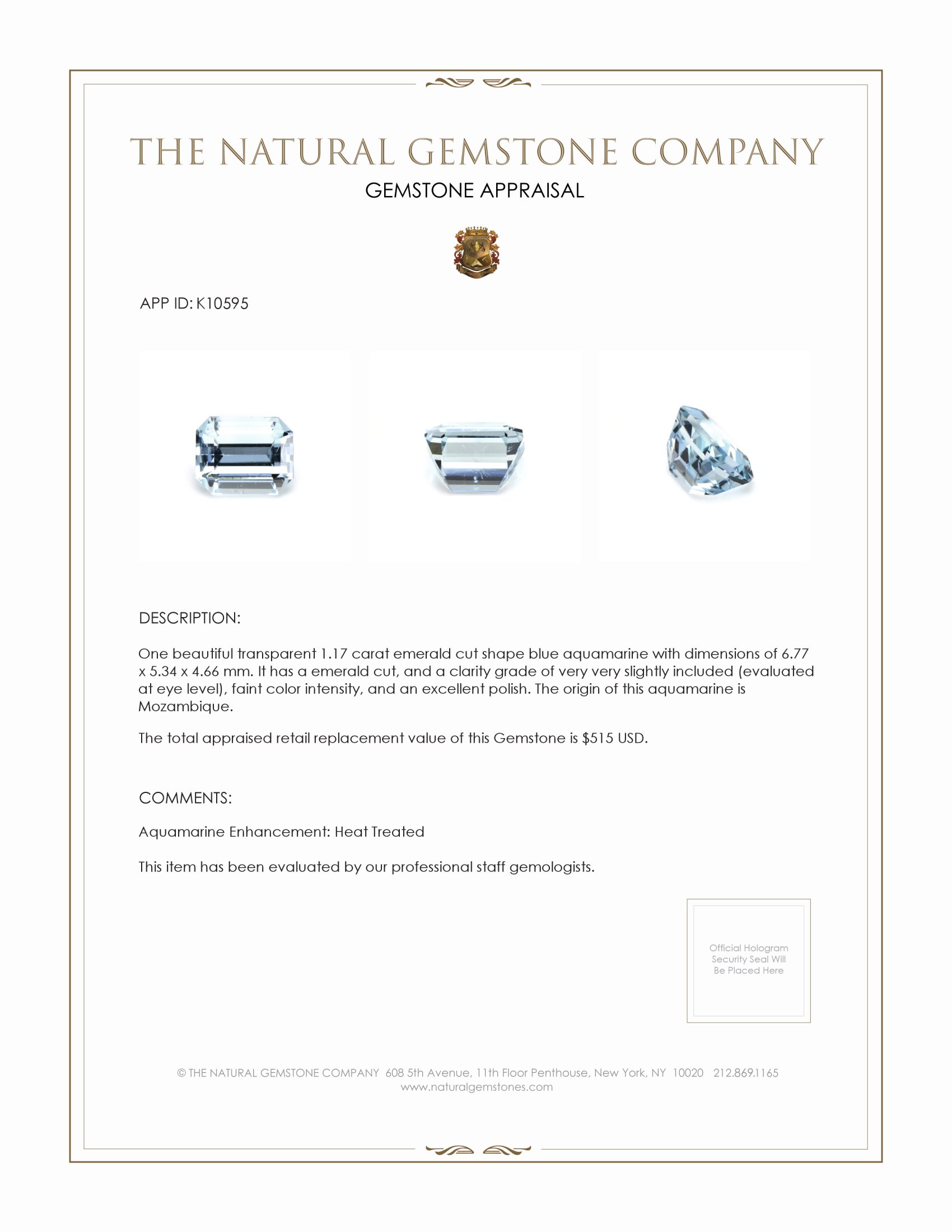 1.17 Ct. Aquamarine from Mozambique