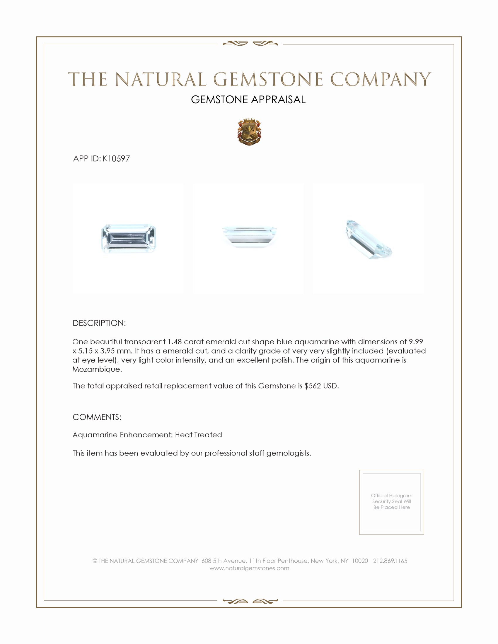 1.48 Ct. Blue Aquamarine from Mozambique