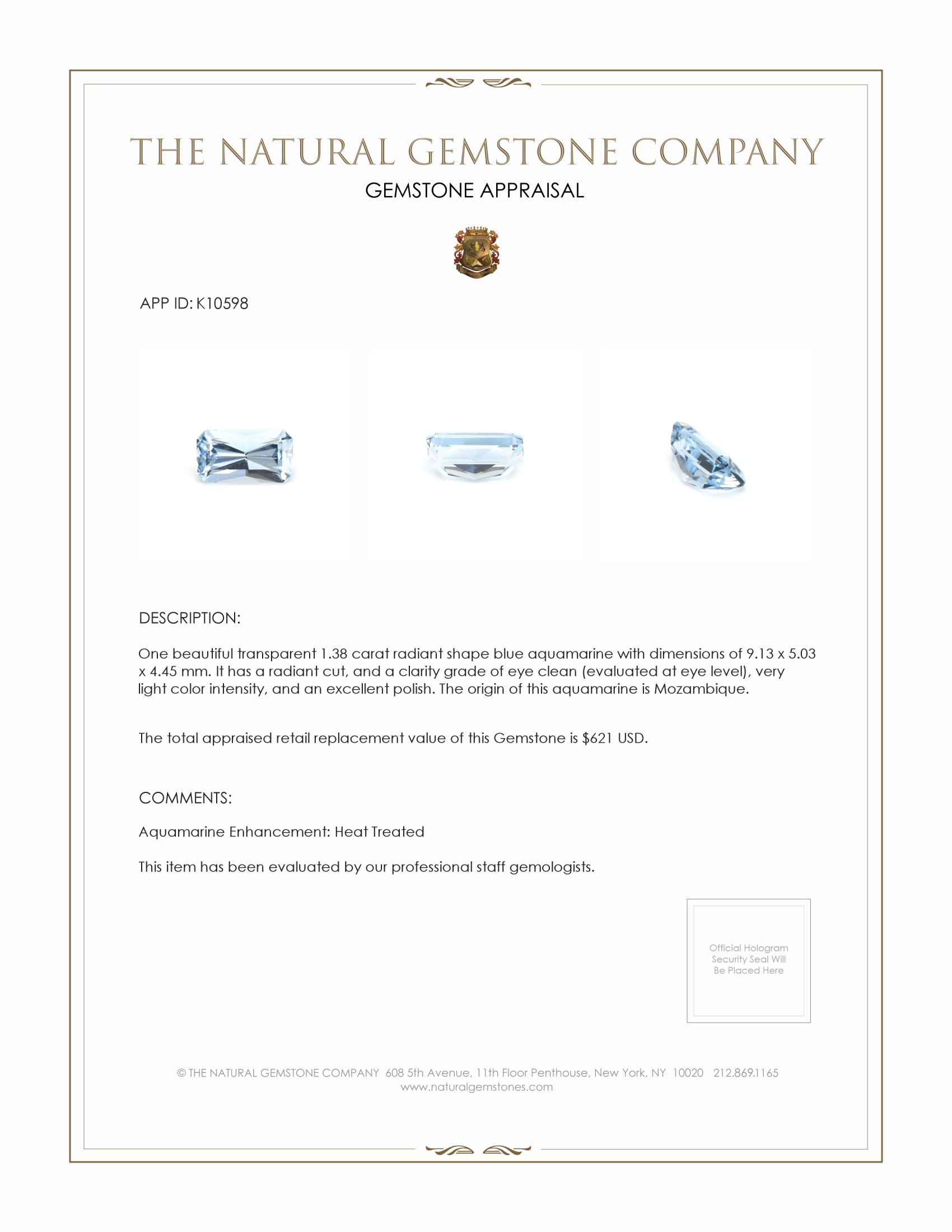 1.38 Ct. Blue Aquamarine from Mozambique