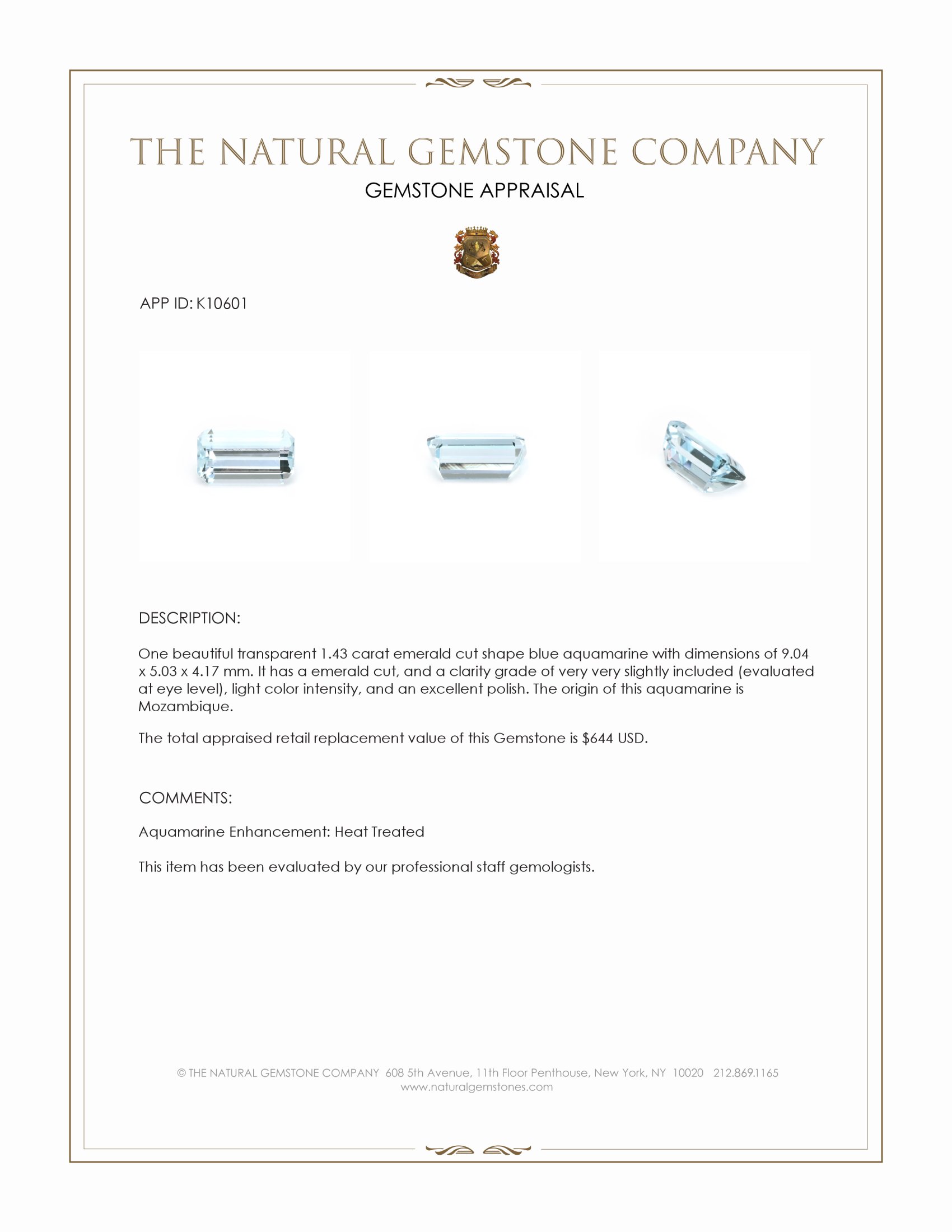 1.43 Ct. Blue Aquamarine from Mozambique