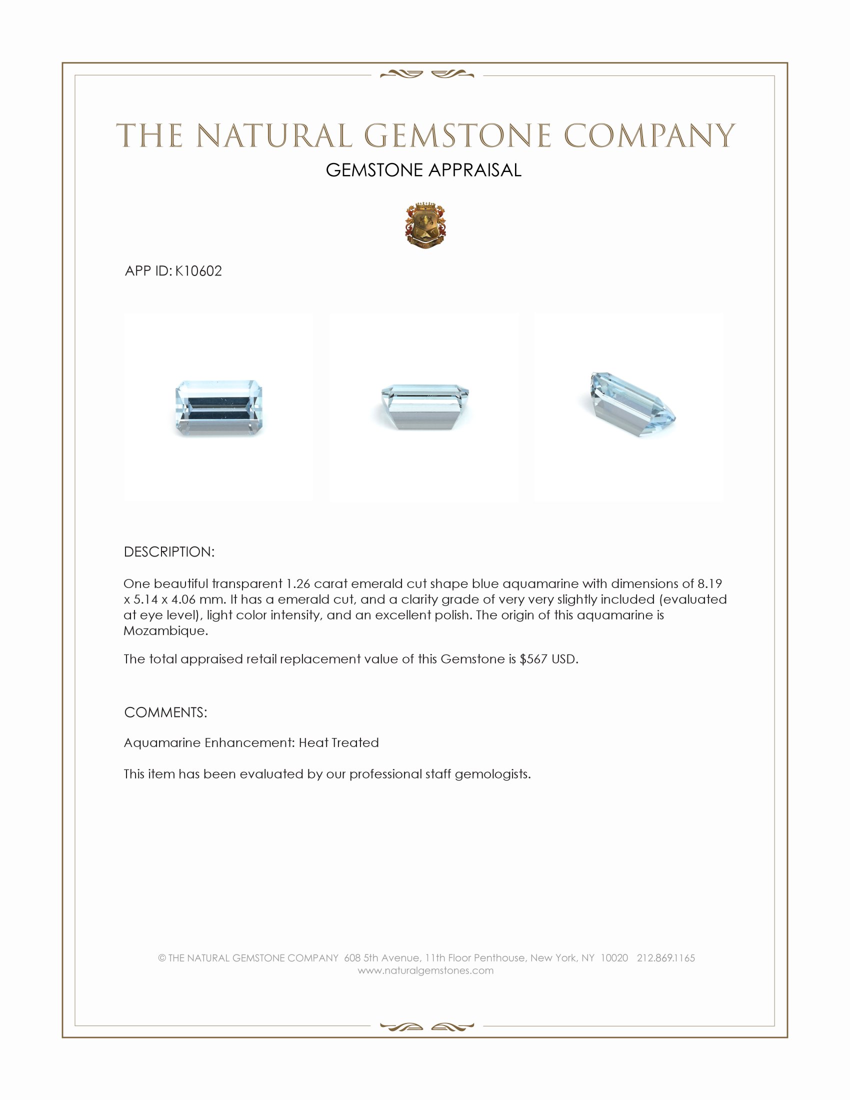 1.26 Ct. Aquamarine from Mozambique