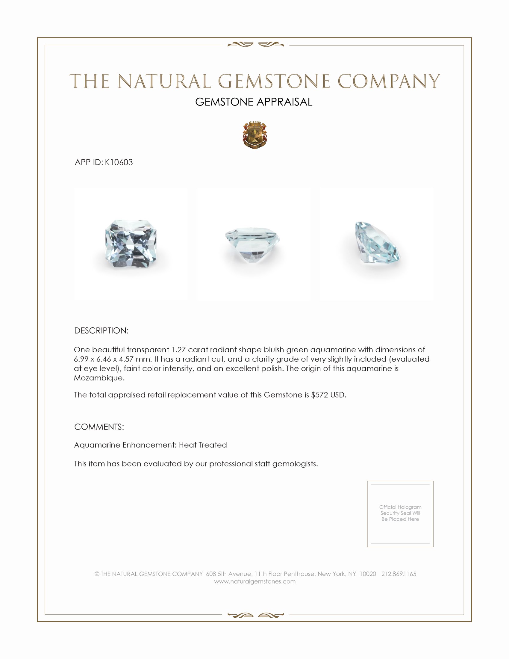 1.27 Ct. Bluish Green Aquamarine from Mozambique