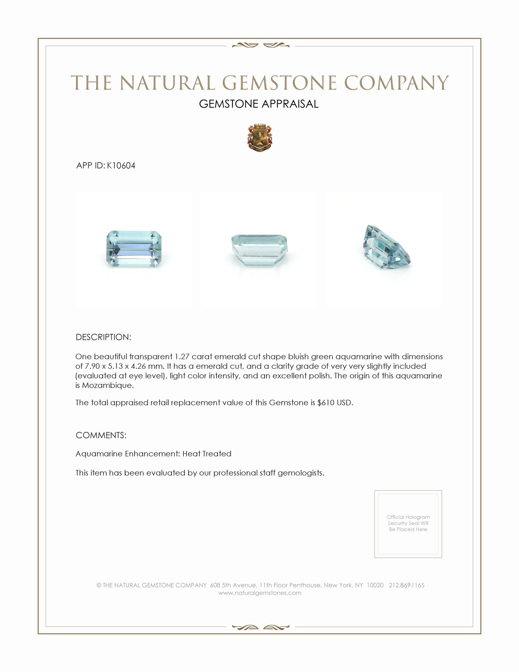 1.27 Ct. Aquamarine from Mozambique