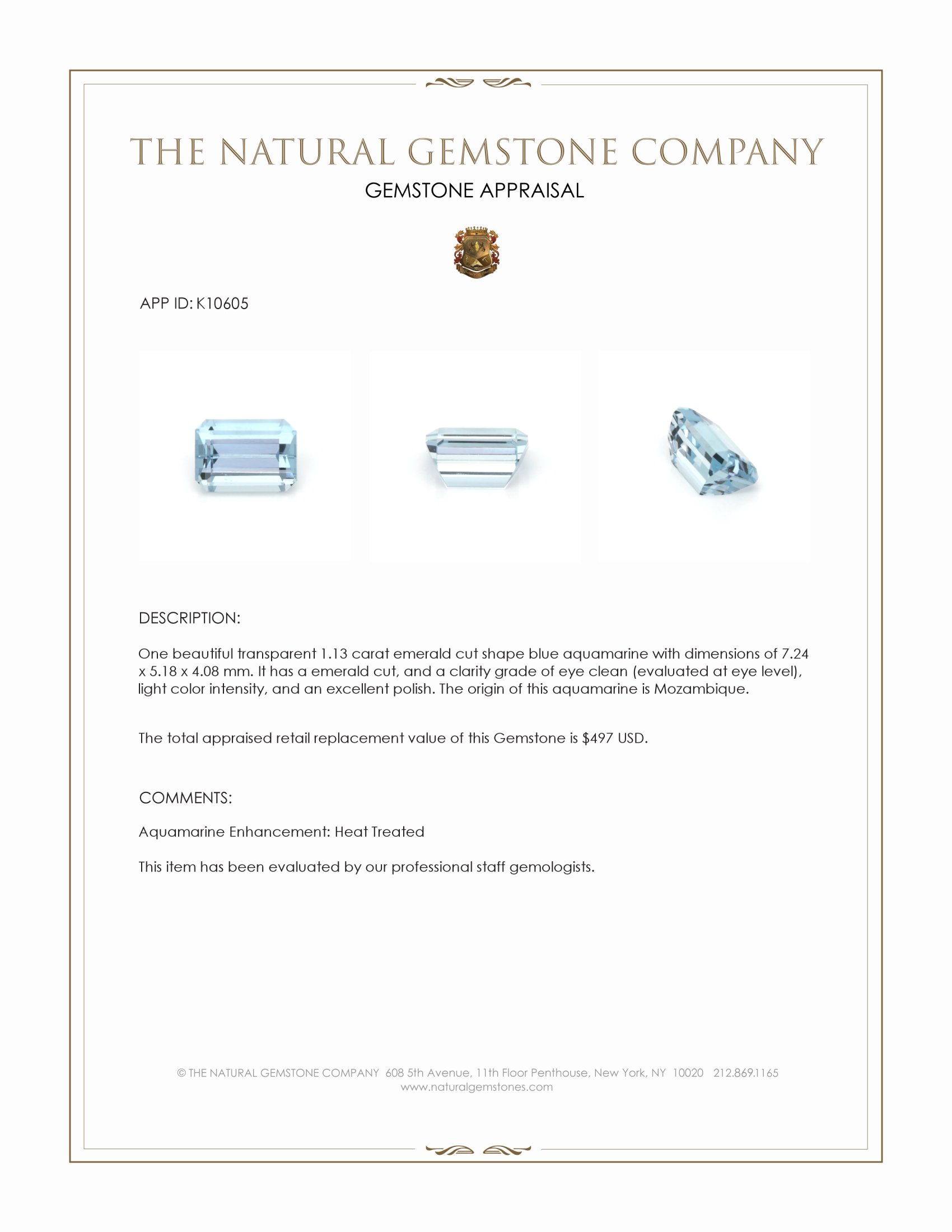 1.13 Ct. Aquamarine from Mozambique