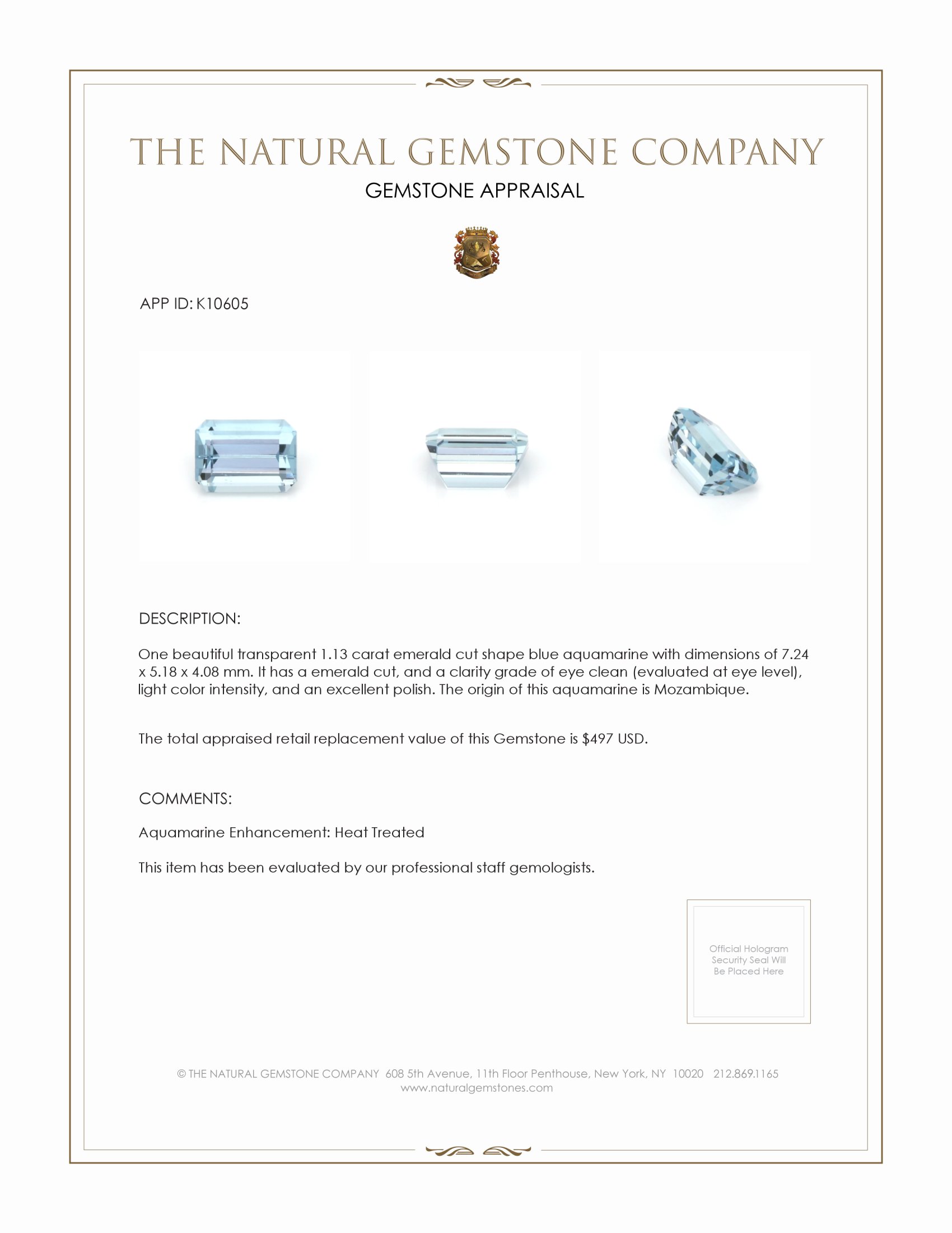 1.13 Ct. Aquamarine from Mozambique