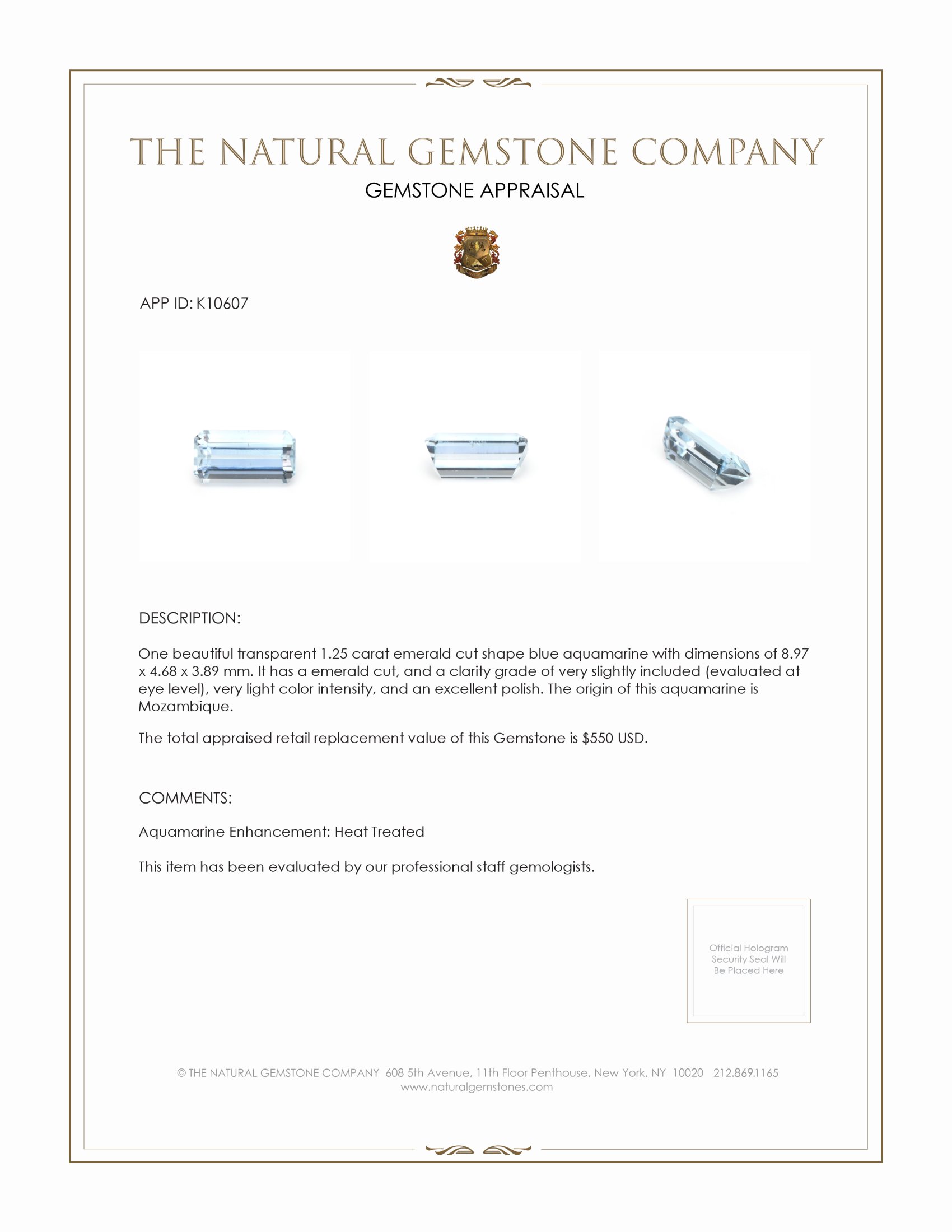 1.25 Ct. Blue Aquamarine from Mozambique