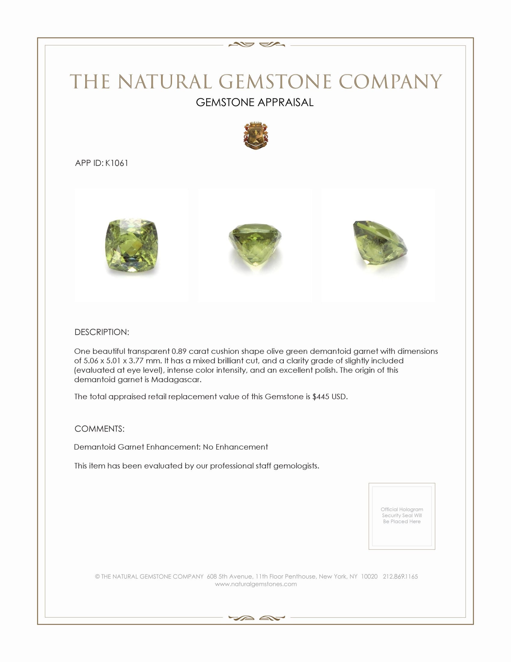 0.89 Ct. Demantoid Garnet from Madagascar