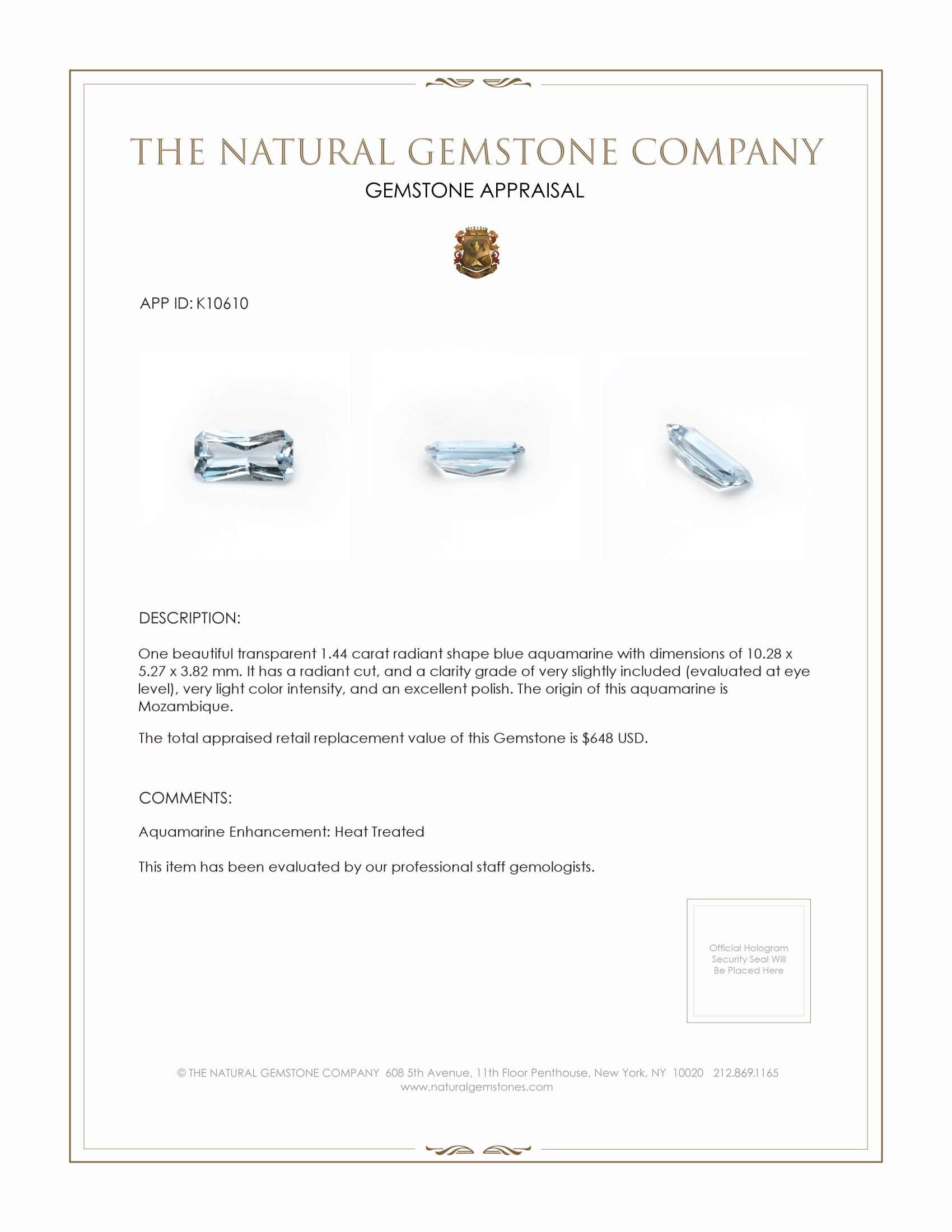 1.44 Ct. Aquamarine from Mozambique