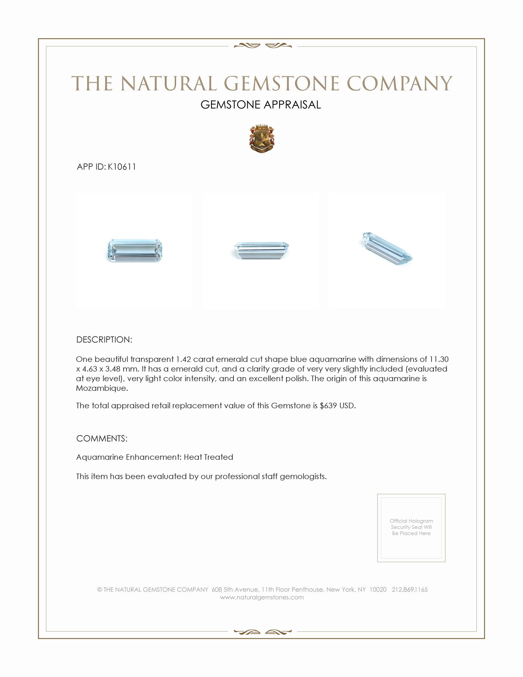 1.42 Ct. Aquamarine from Mozambique