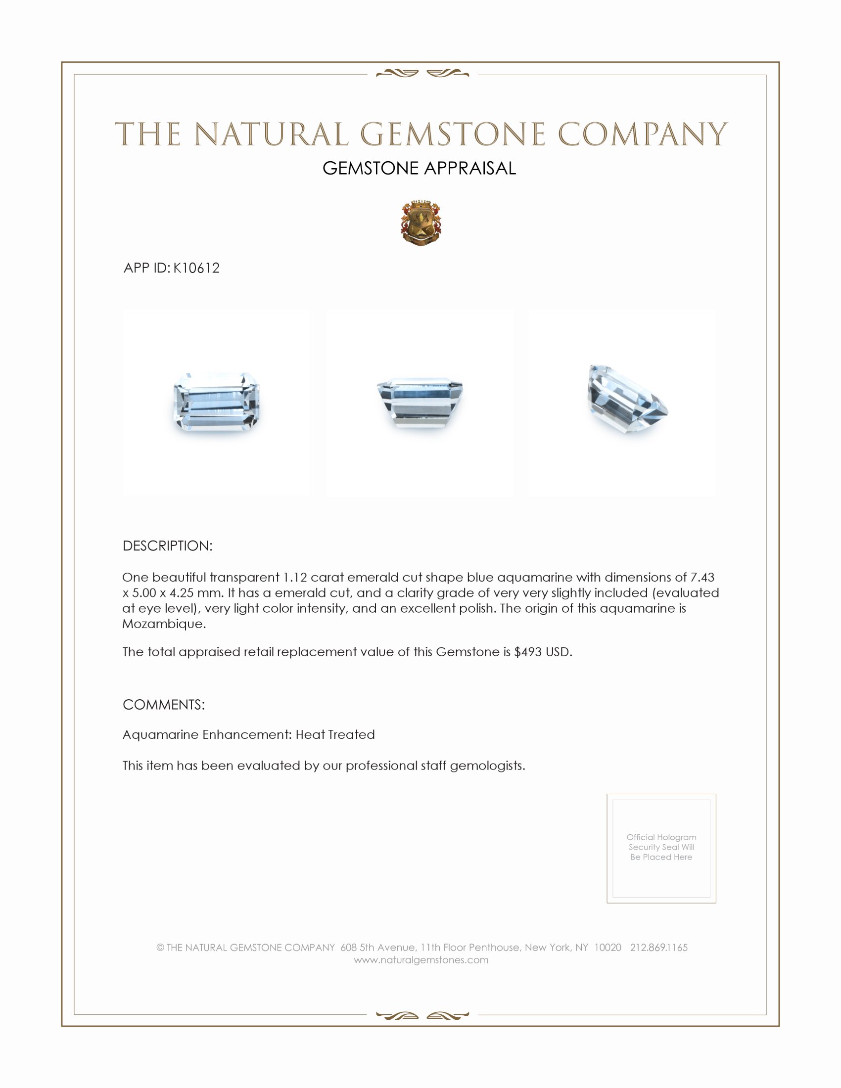 1.12 Ct. Blue Aquamarine from Mozambique