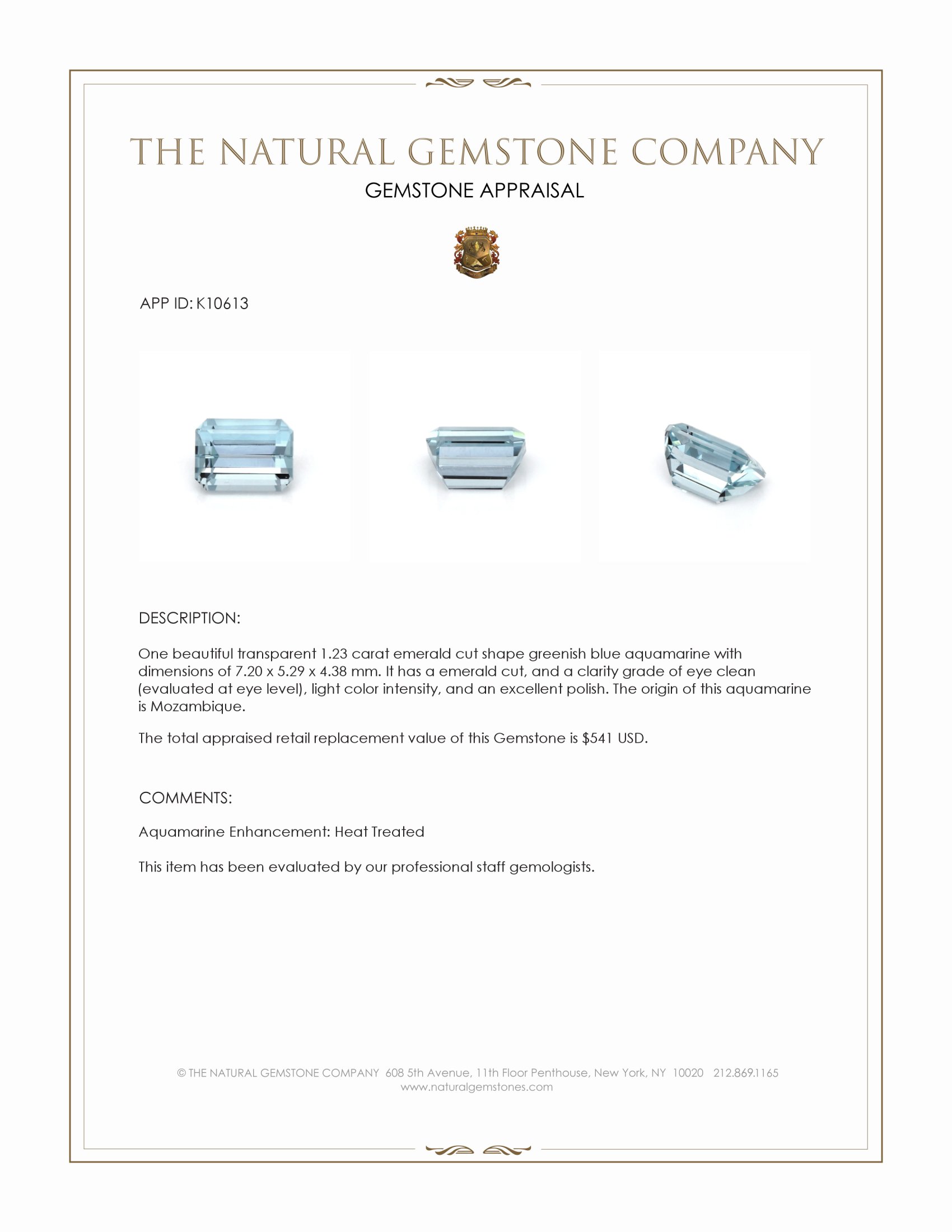 1.23 Ct. Greenish Blue Aquamarine from Mozambique