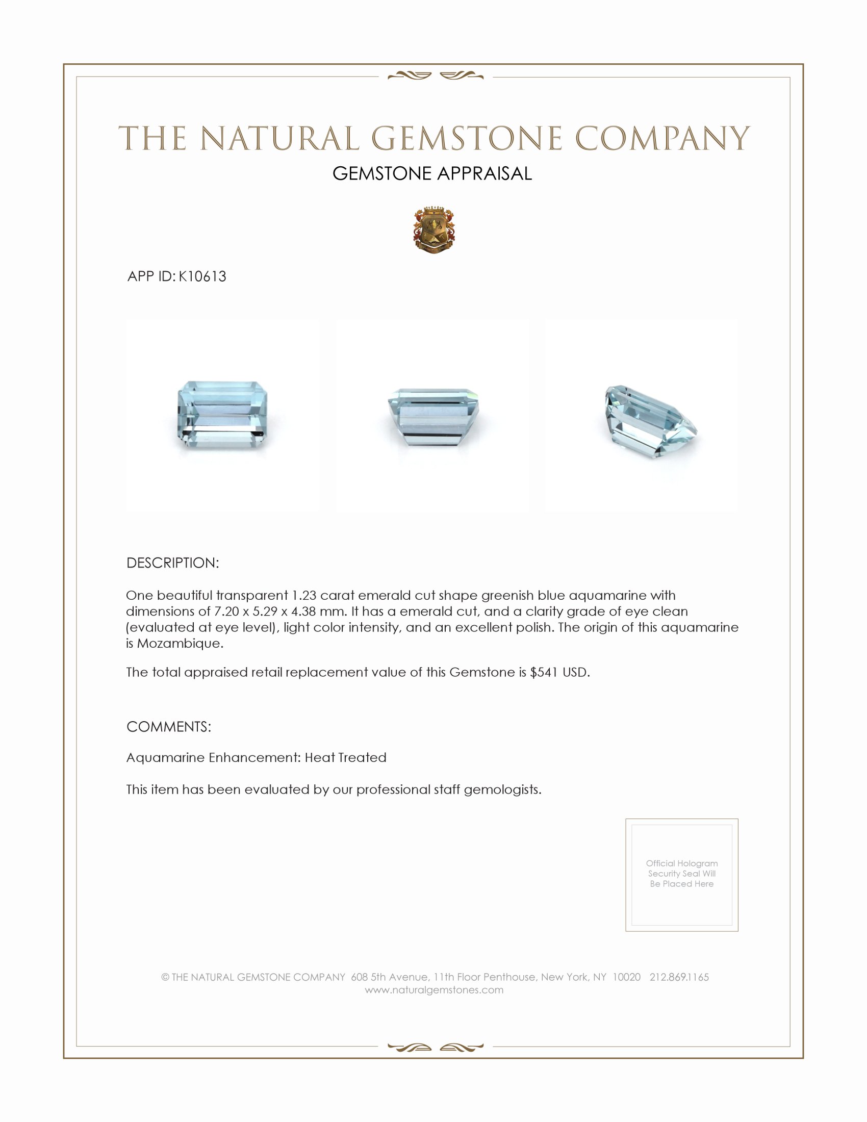 1.23 Ct. Aquamarine from Mozambique