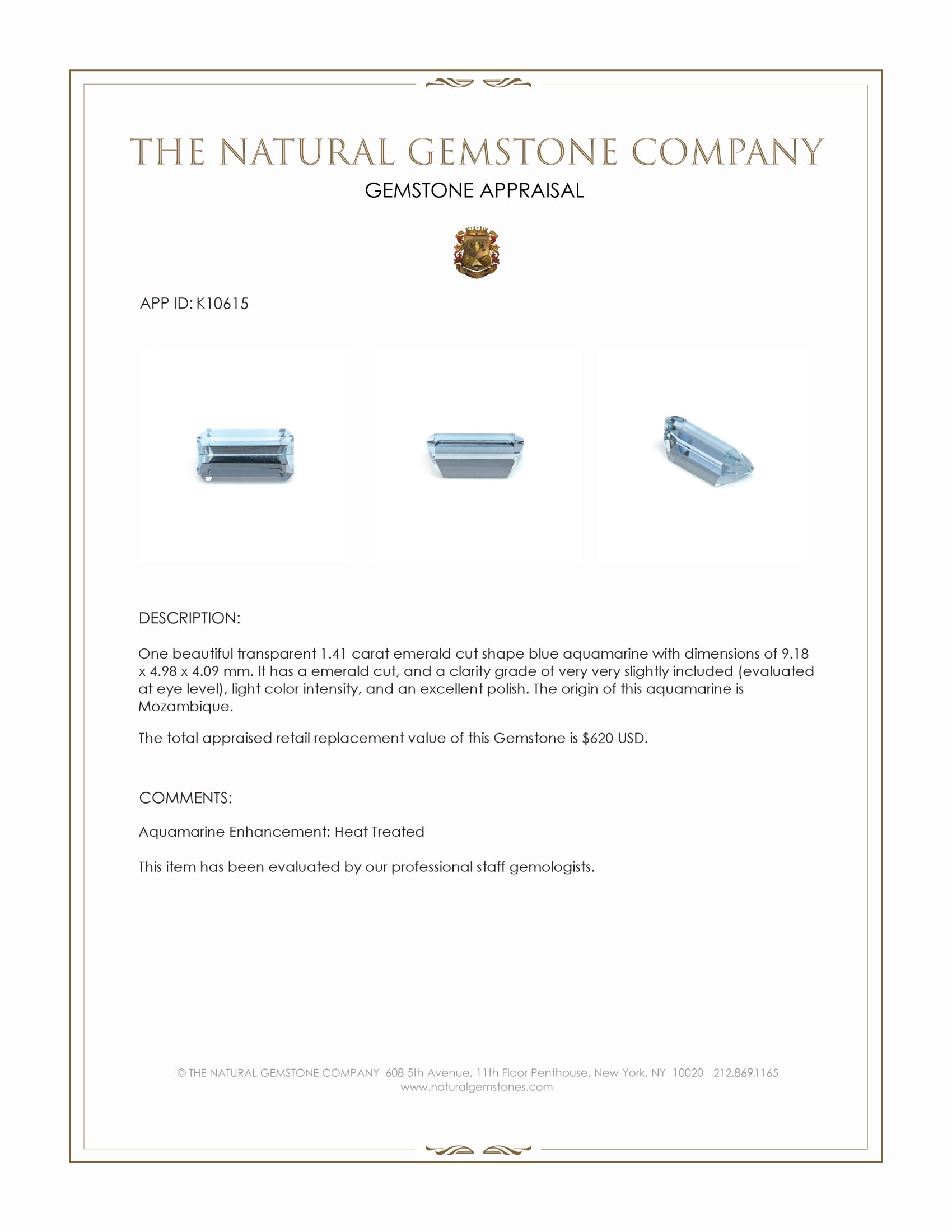 1.41 Ct. Blue Aquamarine from Mozambique