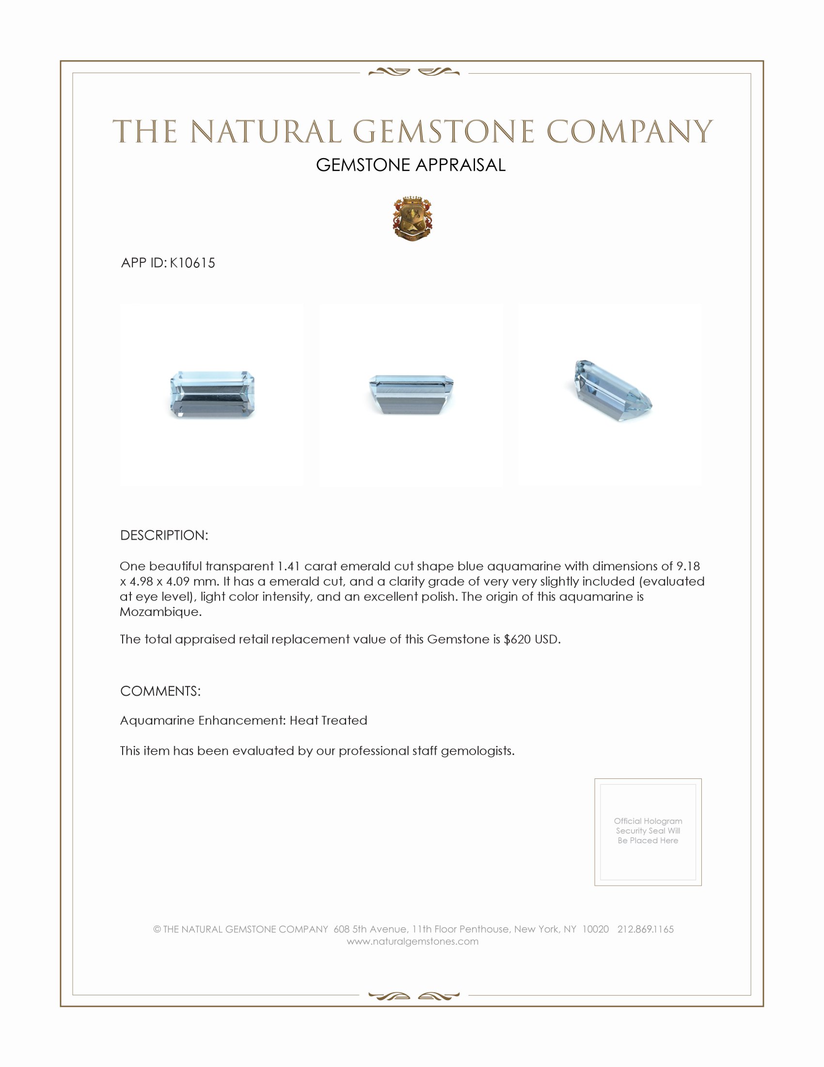 1.41 Ct. Aquamarine from Mozambique