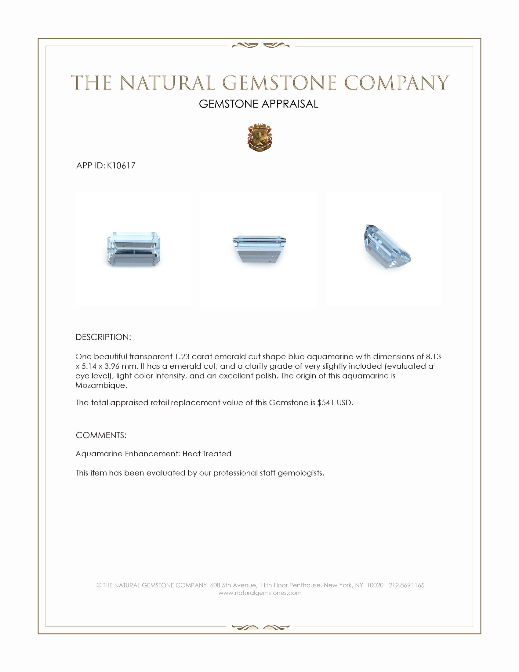 1.23 Ct. Blue Aquamarine from Mozambique