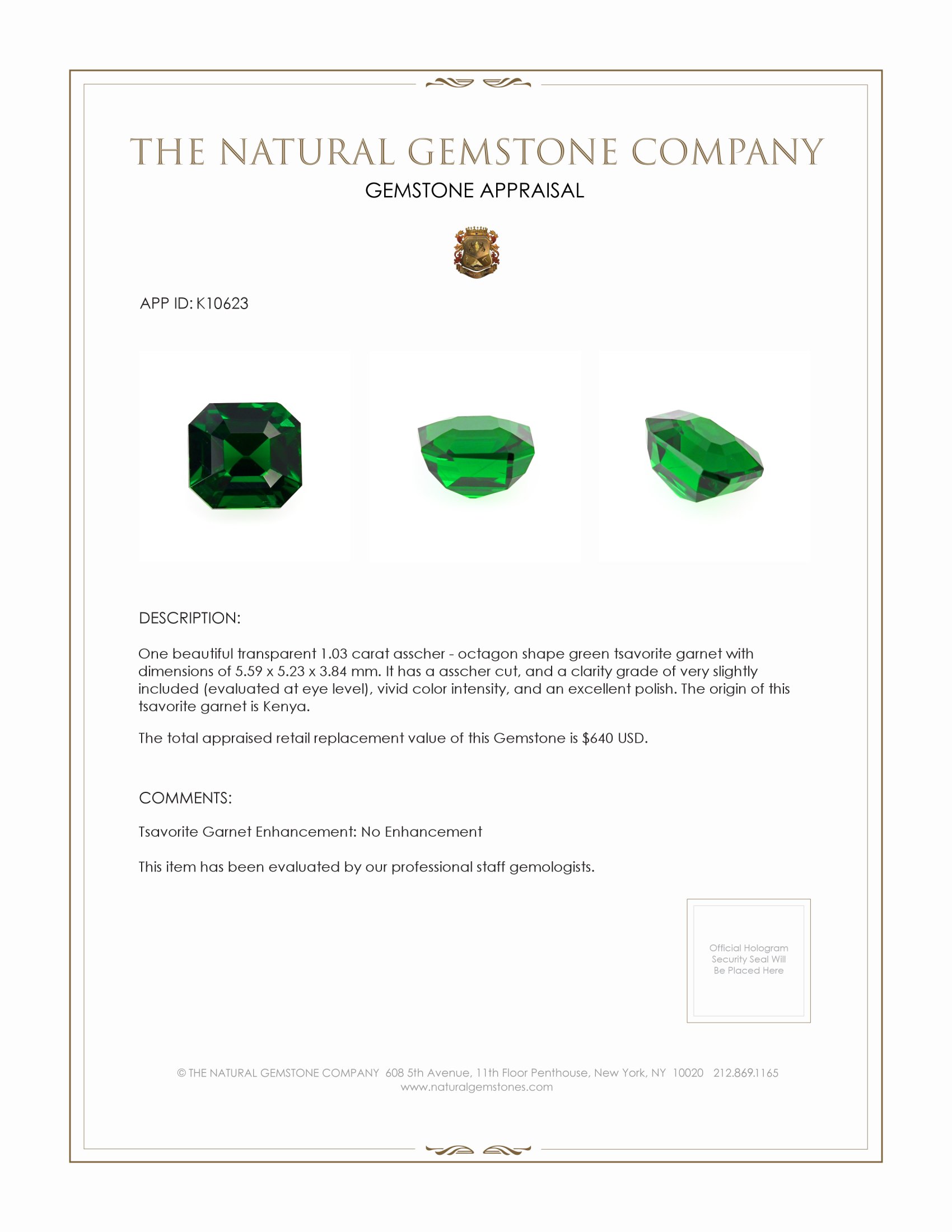 1.03 Ct. Tsavorite Garnet from Kenya