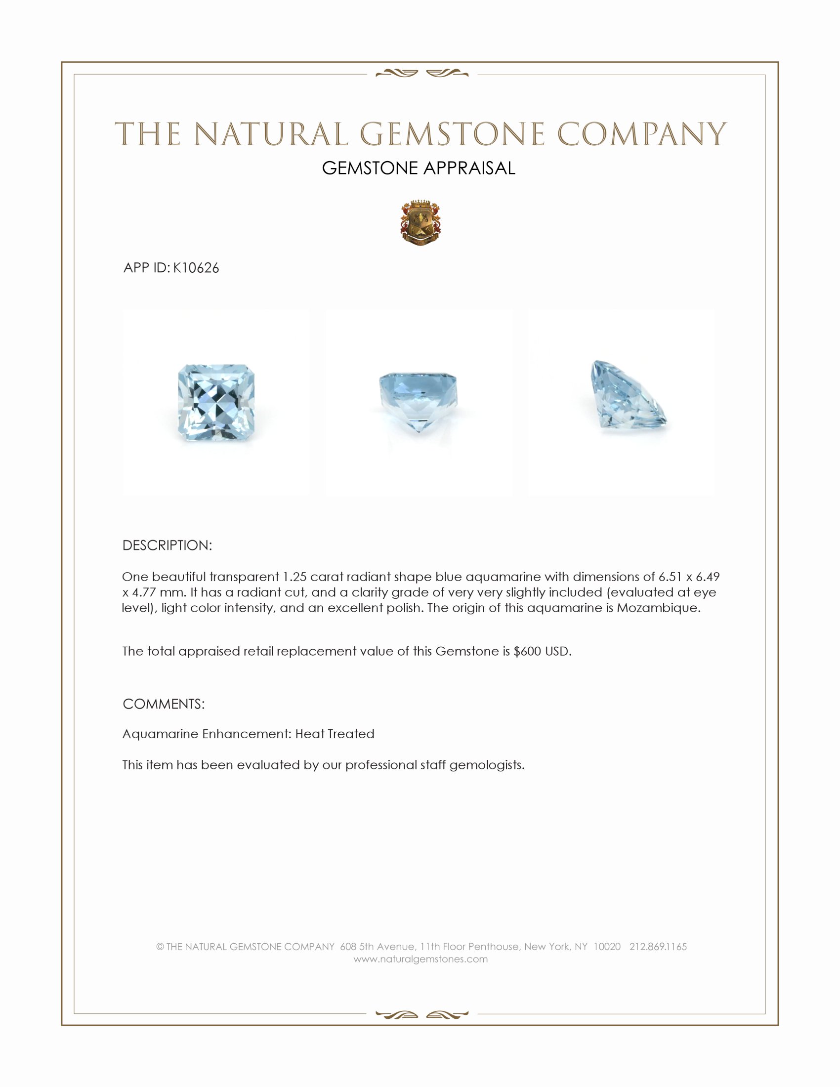 1.25 Ct. Blue Aquamarine from Mozambique