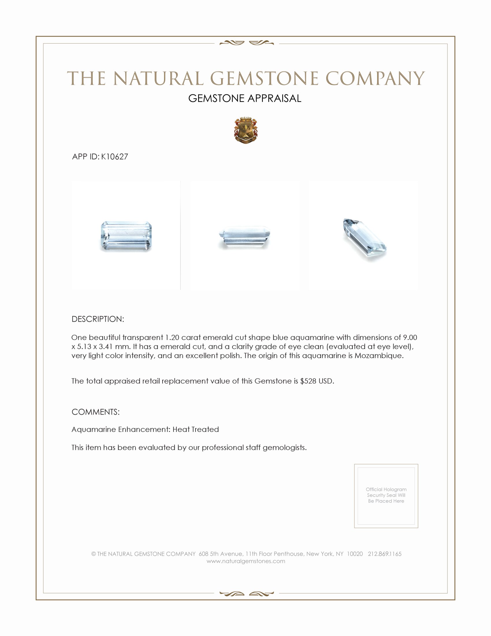 1.20 Ct. Aquamarine from Mozambique