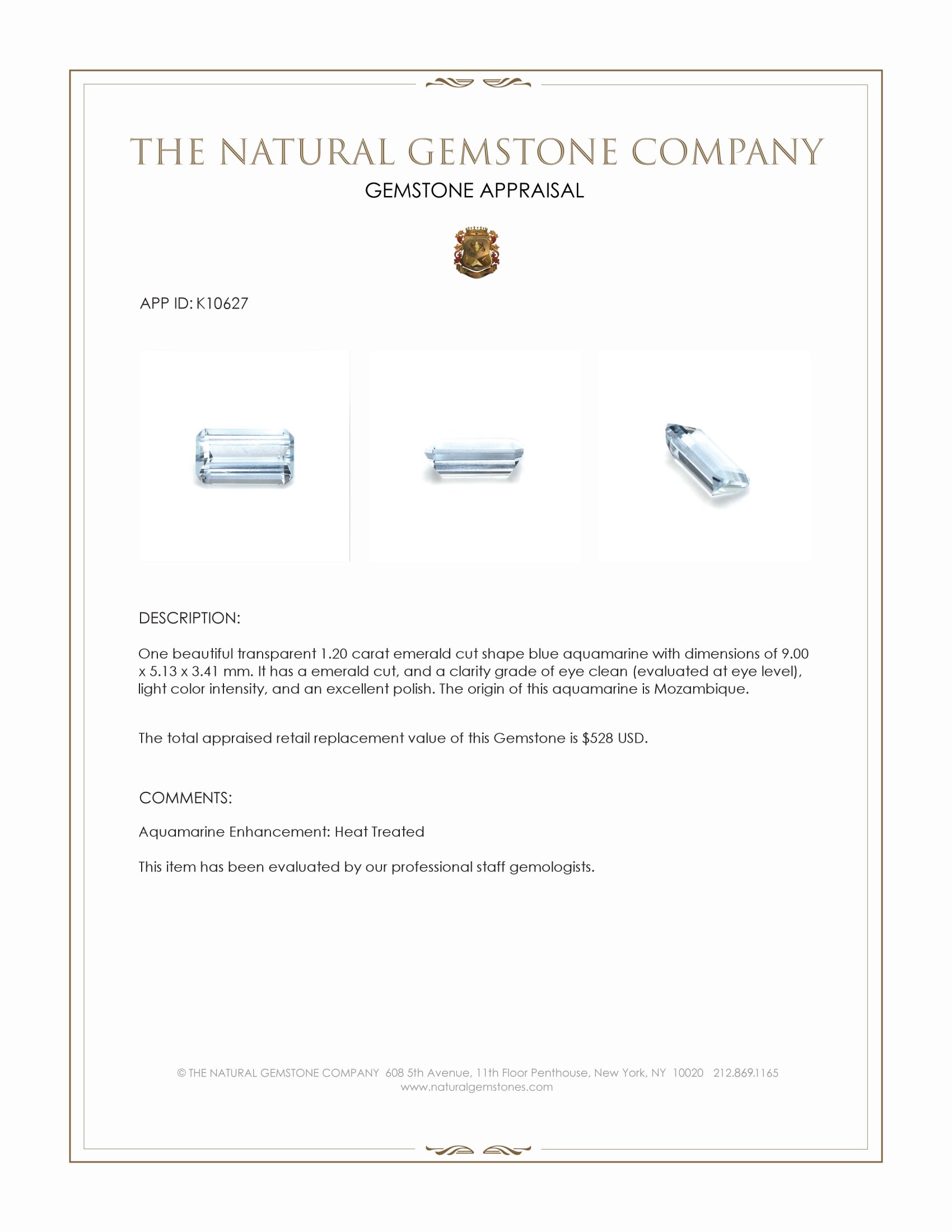 1.20 Ct. Blue Aquamarine from Mozambique