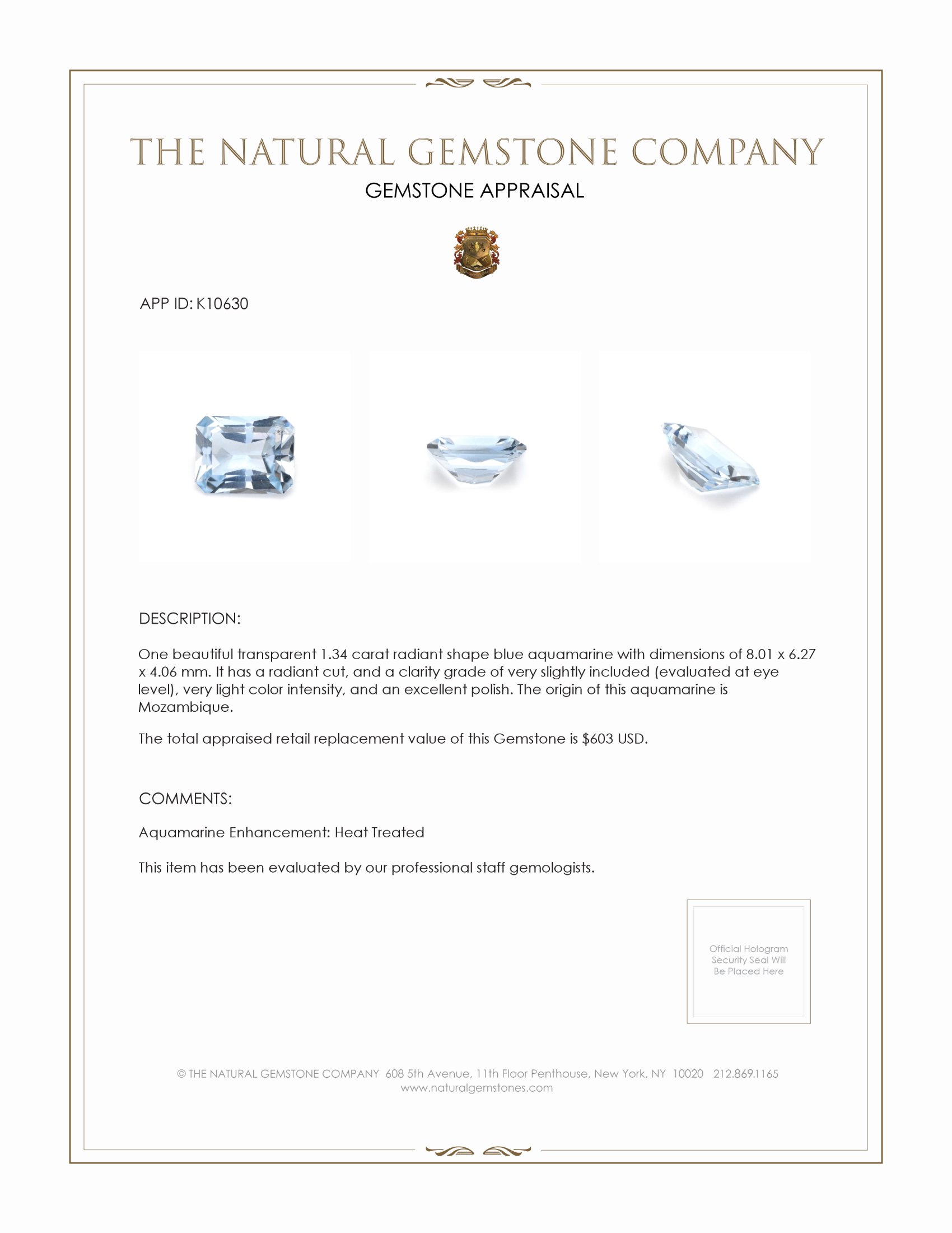 1.34 Ct. Aquamarine from Mozambique