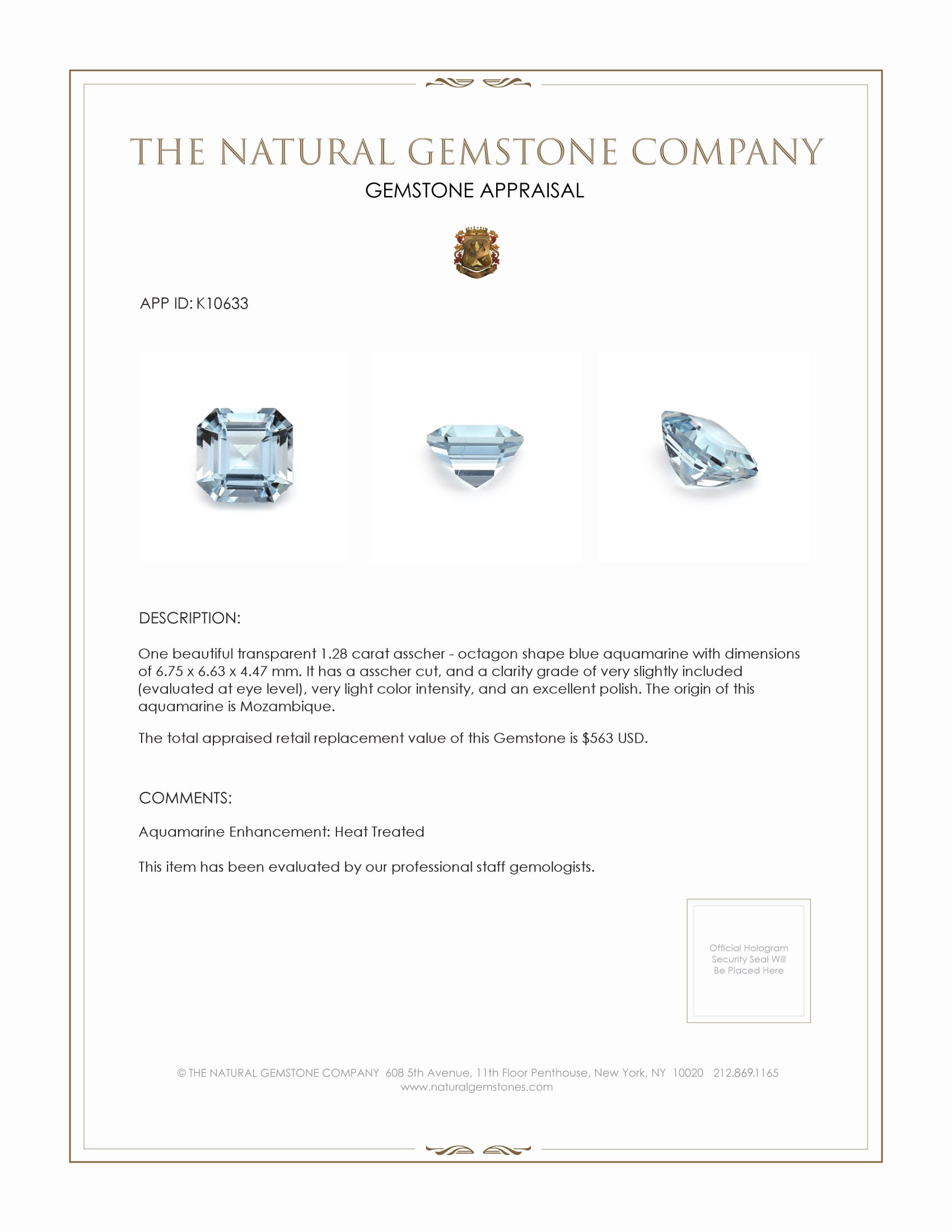 1.28 Ct. Aquamarine from Mozambique