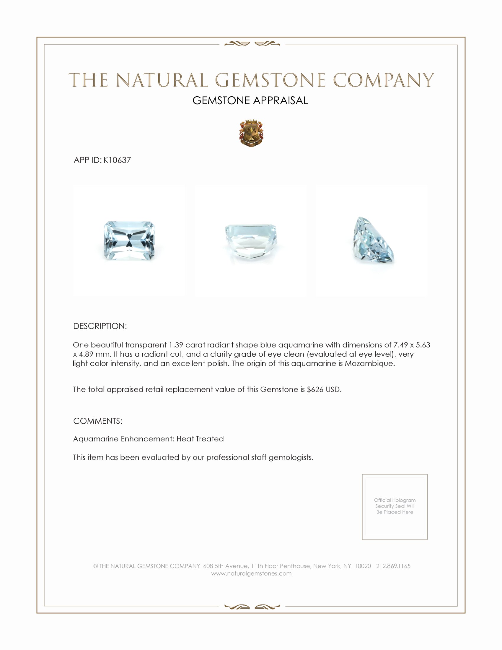1.39 Ct. Aquamarine from Mozambique