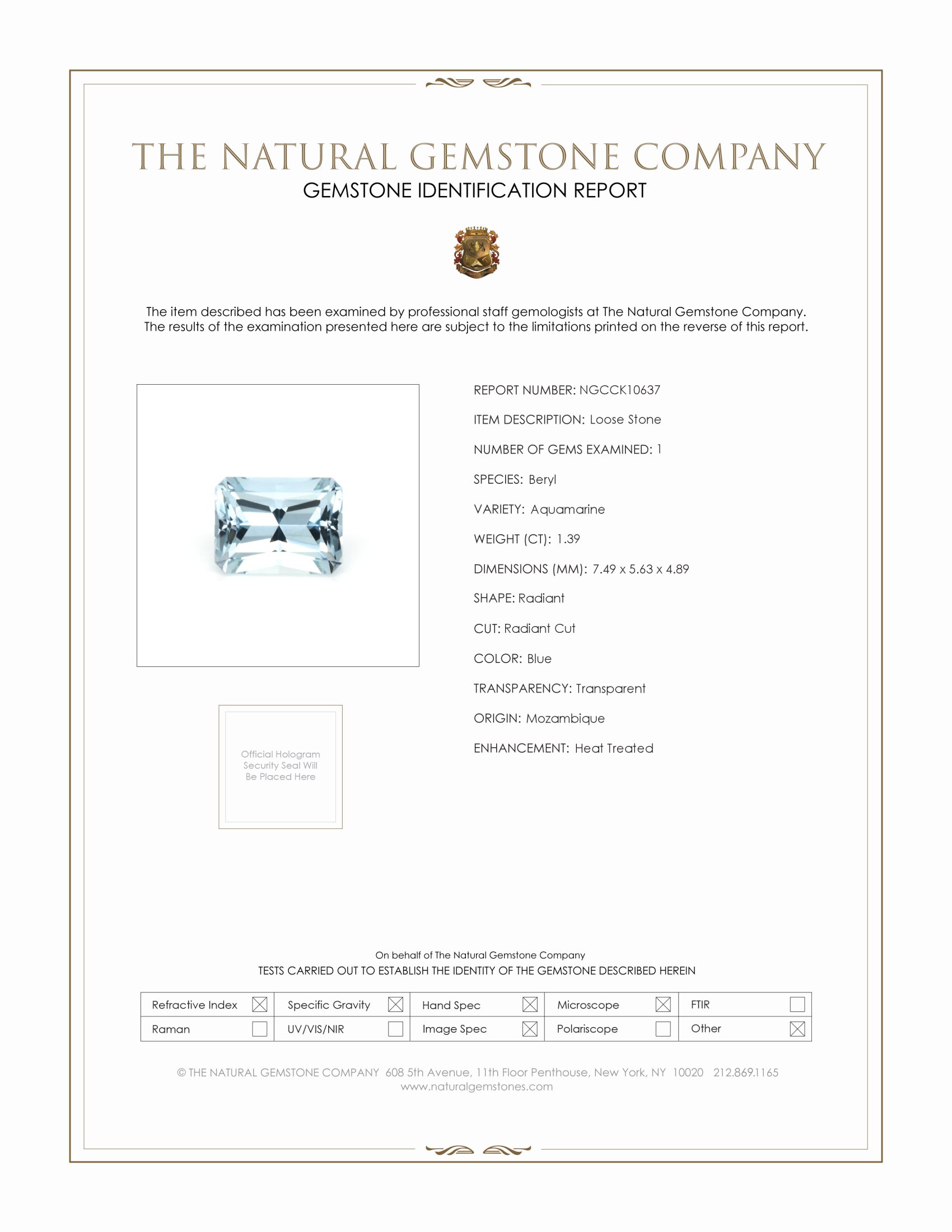 1.39 Ct. Aquamarine from Mozambique
