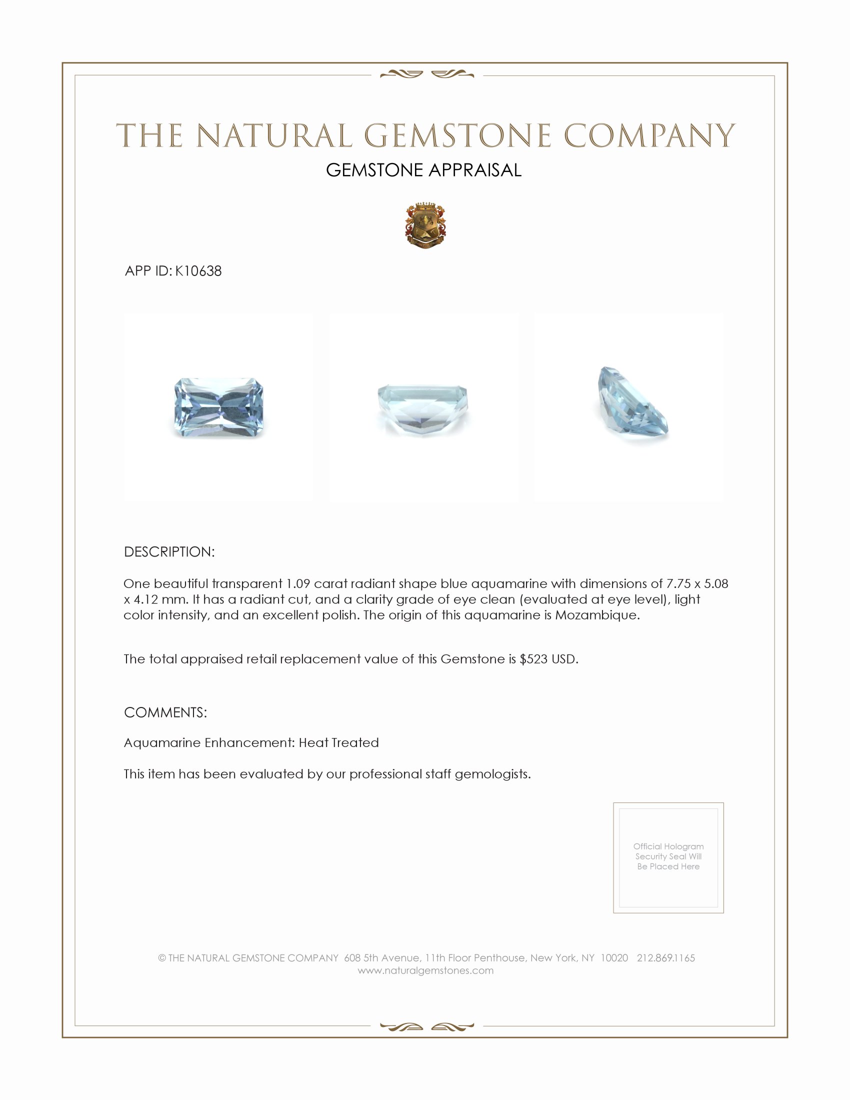 1.09 Ct. Aquamarine from Mozambique