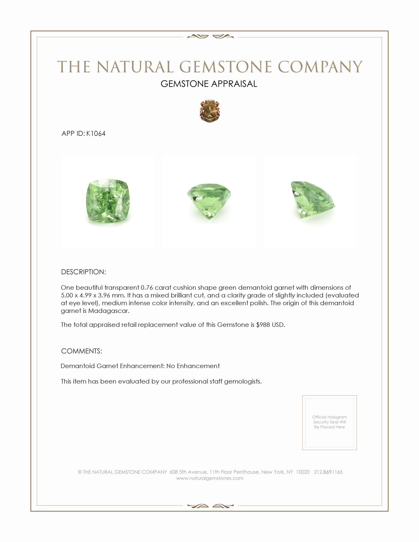 0.76 Ct. Demantoid Garnet from Madagascar